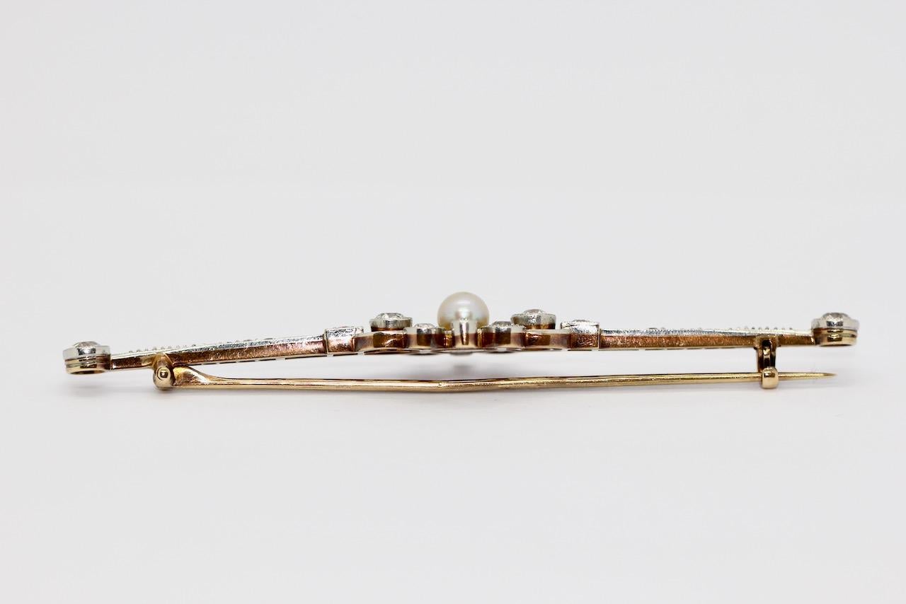 Antique Art Deco, Nouveau, Gold and Platinum Bar Brooch with Diamonds and Pearl For Sale 6