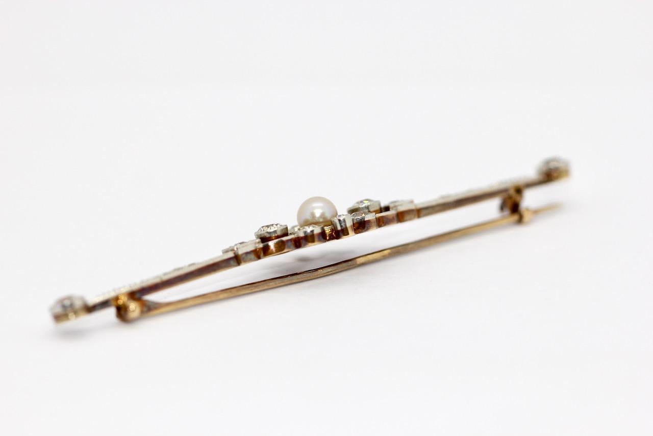 Antique Art Deco, Nouveau, Gold and Platinum Bar Brooch with Diamonds and Pearl For Sale 7