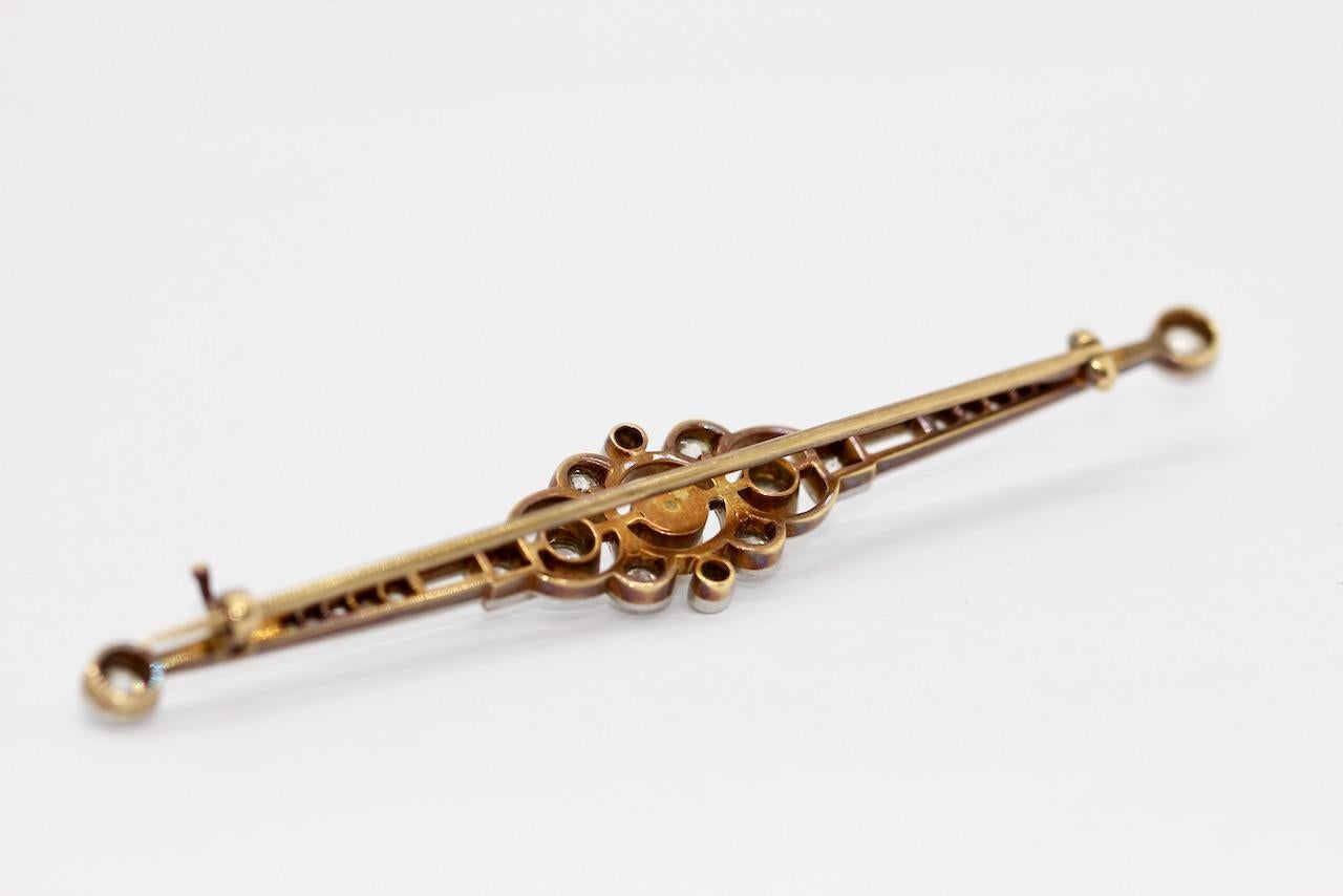 Antique Art Deco, Nouveau, Gold and Platinum Bar Brooch with Diamonds and Pearl For Sale 8