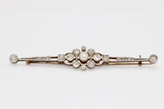 Antique Art Deco, Nouveau, Gold and Platinum Bar Brooch with Diamonds and Pearl