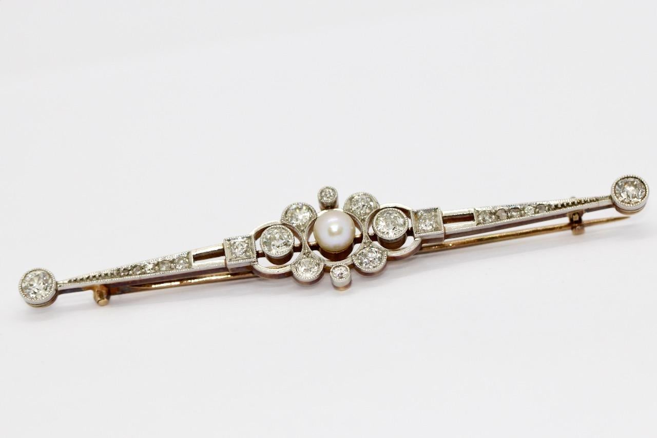 Women's Antique Art Deco, Nouveau, Gold and Platinum Bar Brooch with Diamonds and Pearl For Sale