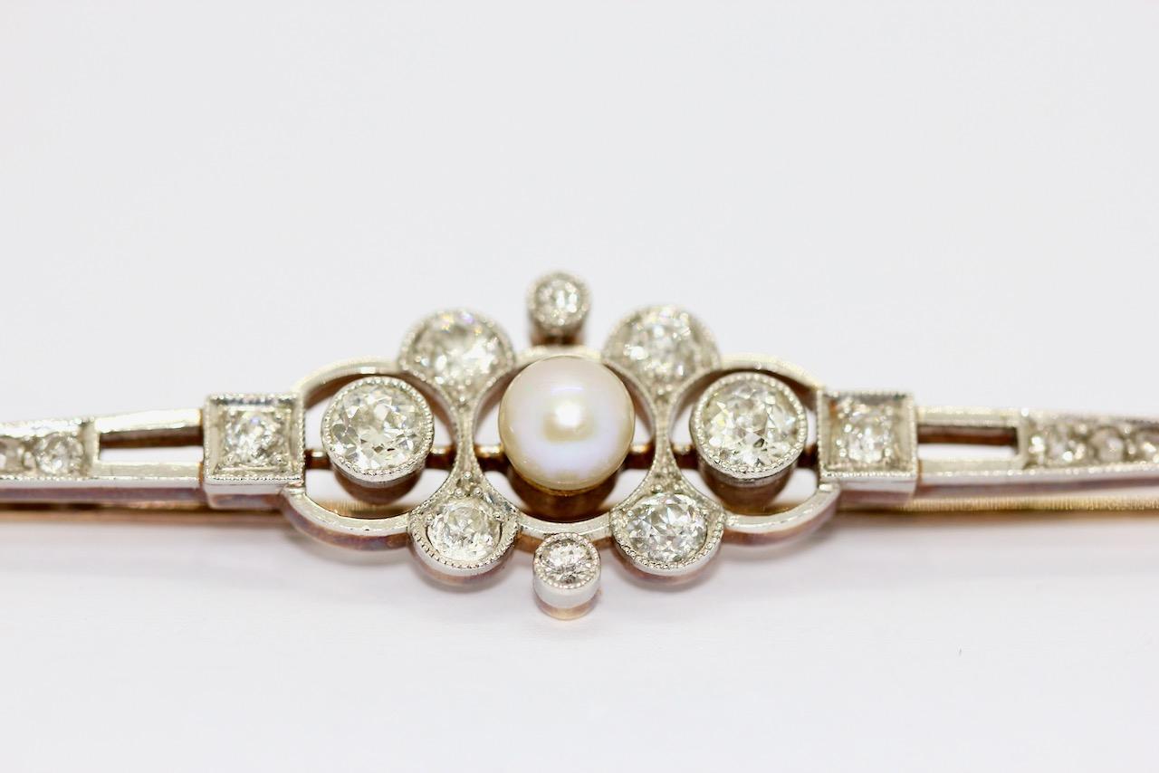 Antique Art Deco, Nouveau, Gold and Platinum Bar Brooch with Diamonds and Pearl For Sale 3
