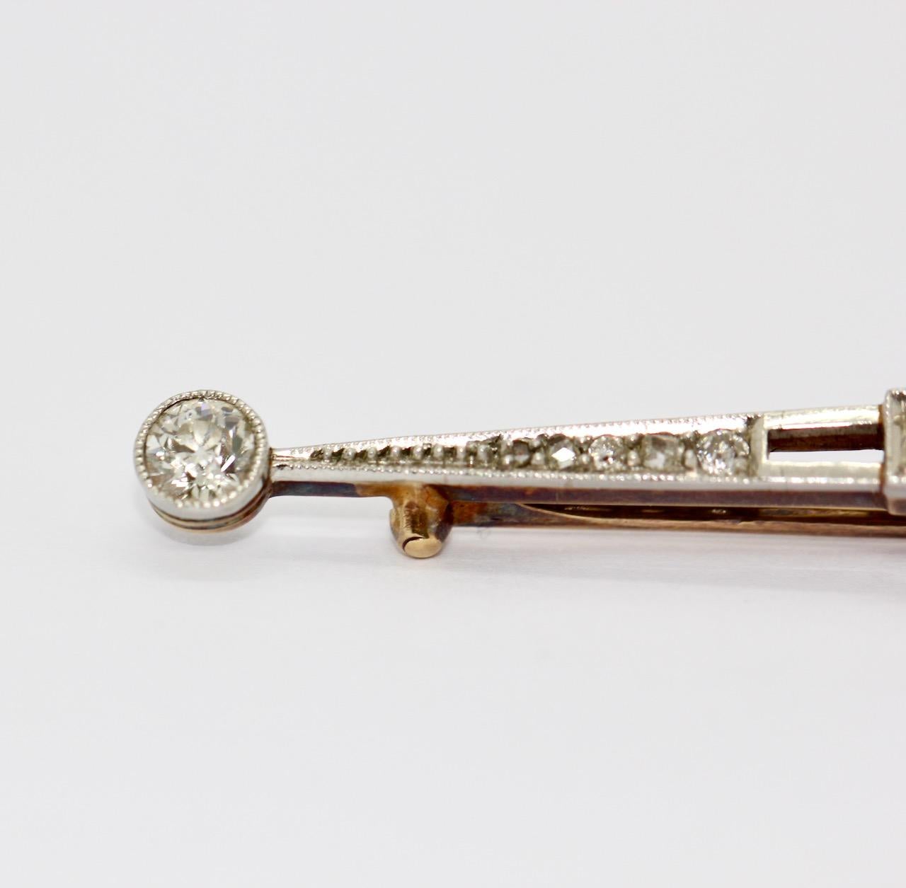 Antique Art Deco, Nouveau, Gold and Platinum Bar Brooch with Diamonds and Pearl For Sale 4