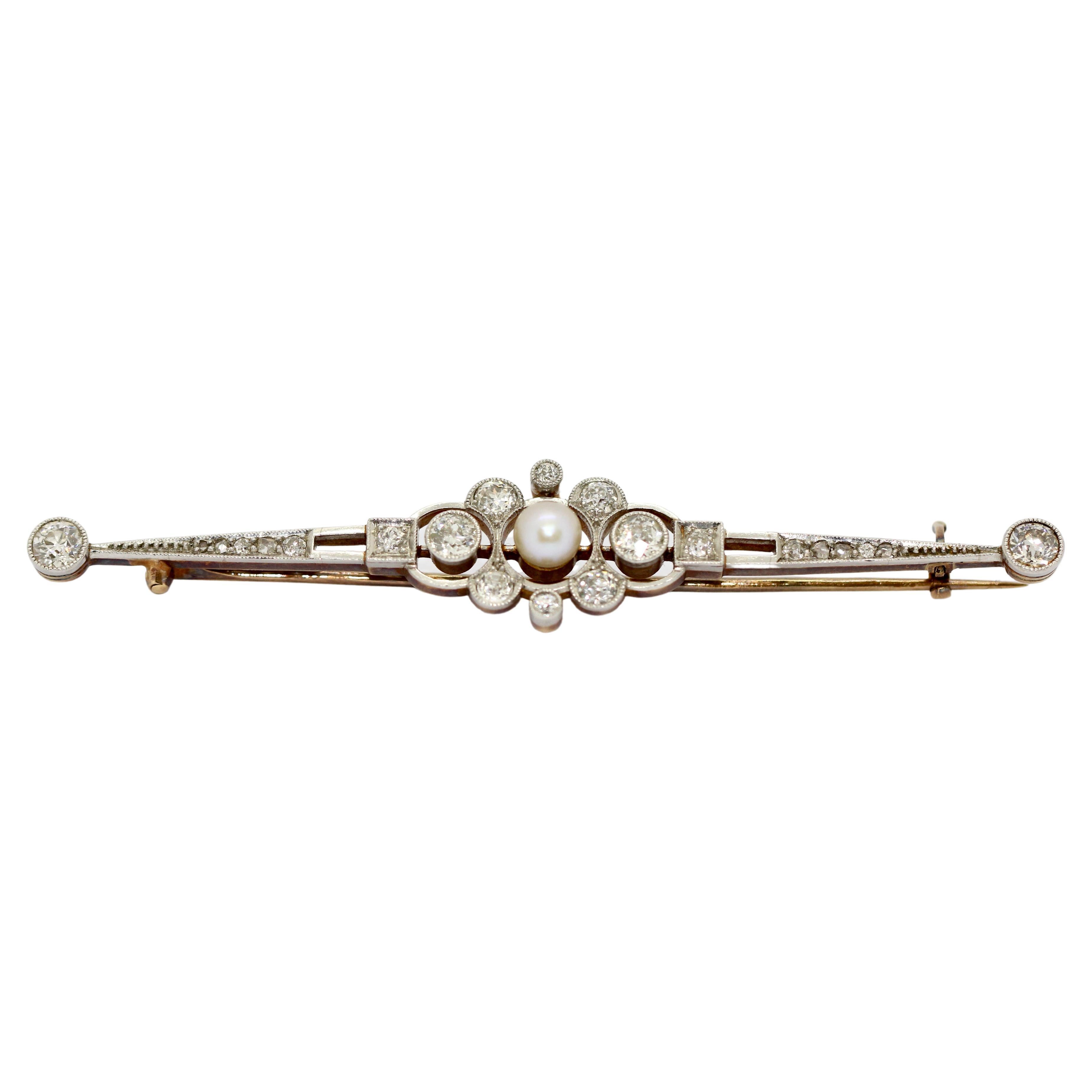 Antique Art Deco, Nouveau, Gold and Platinum Bar Brooch with Diamonds and Pearl For Sale