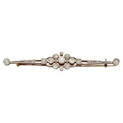 Antique Art Deco, Nouveau, Gold and Platinum Bar Brooch with Diamonds and Pearl