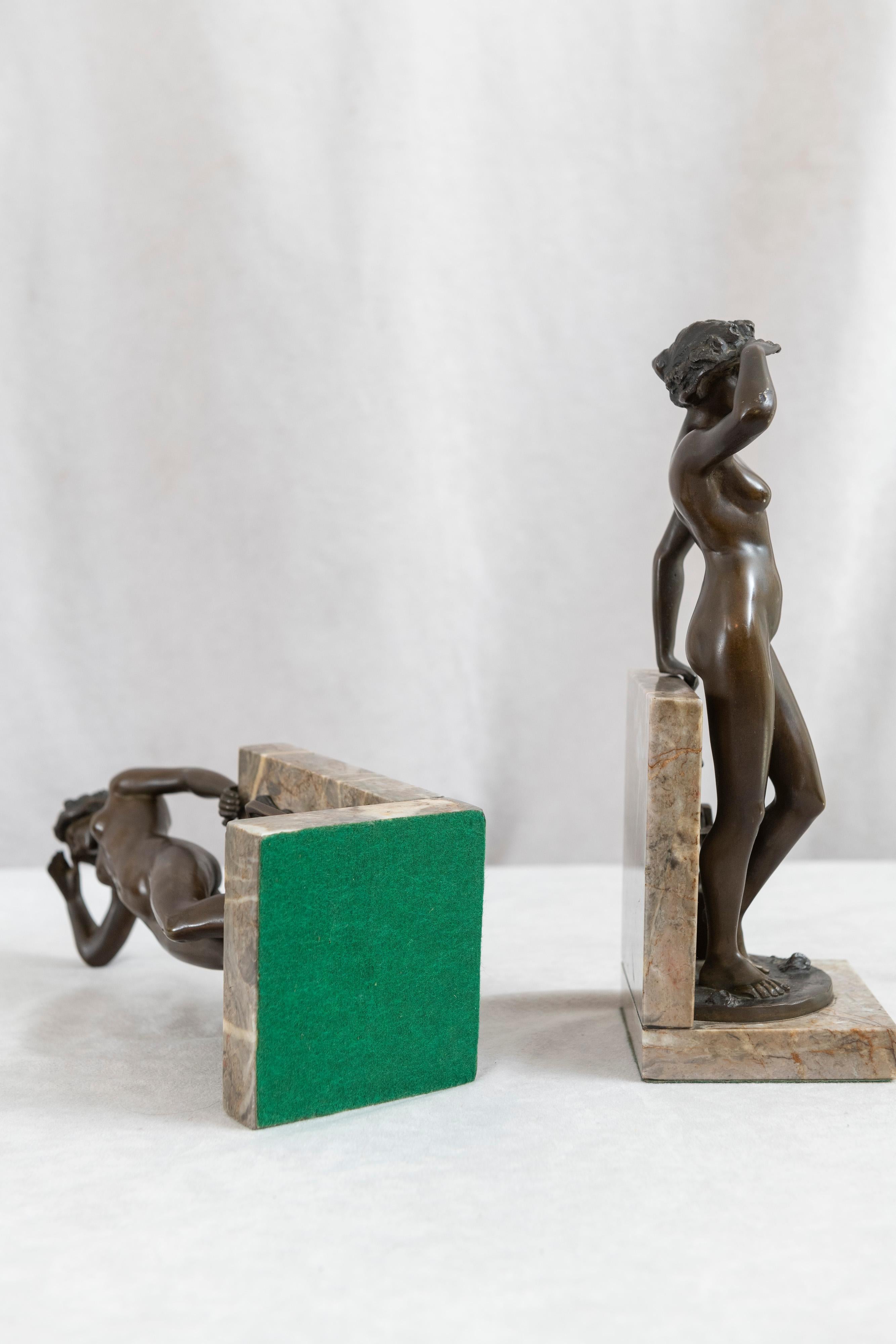 Antique Art Deco/Nouveau Pair of German Bronze & Marble Bookends, Signed 7