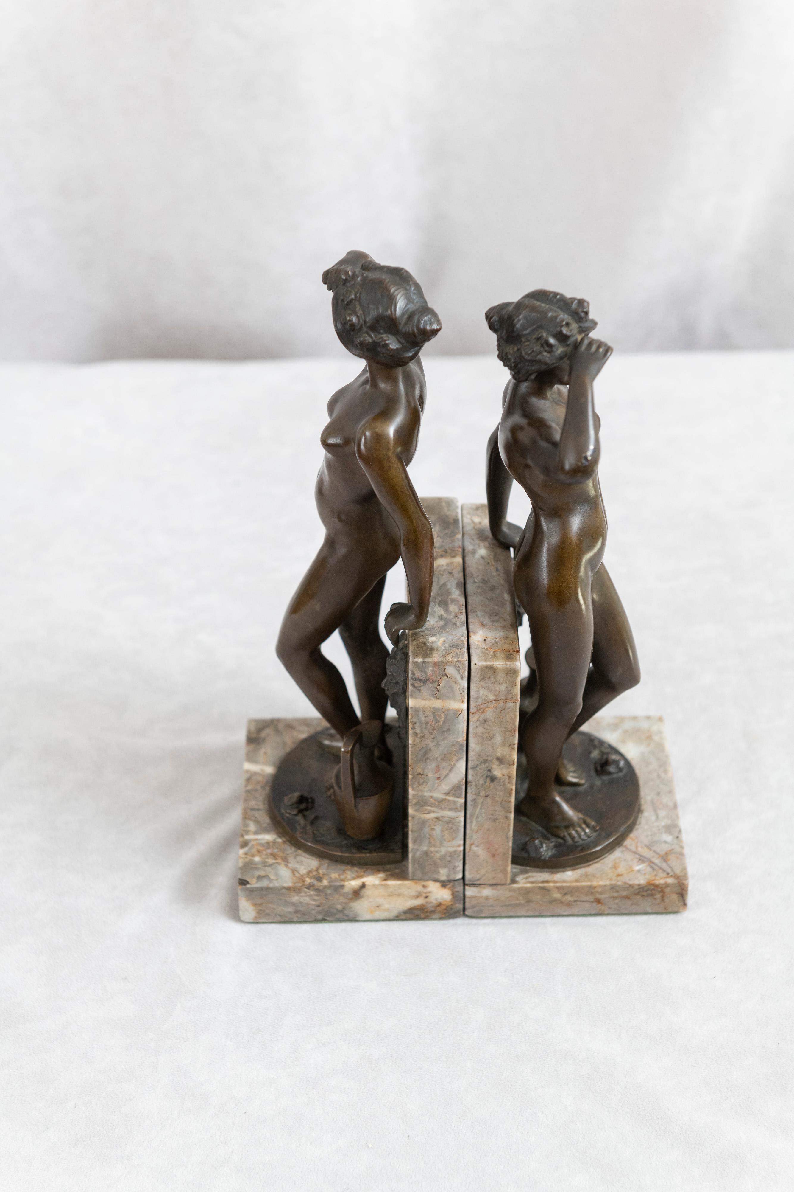 Antique Art Deco/Nouveau Pair of German Bronze & Marble Bookends, Signed 8