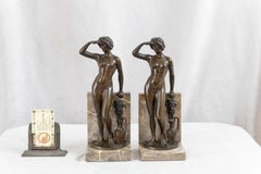 Antique Art Deco/Nouveau Pair of German Bronze & Marble Bookends, Signed
