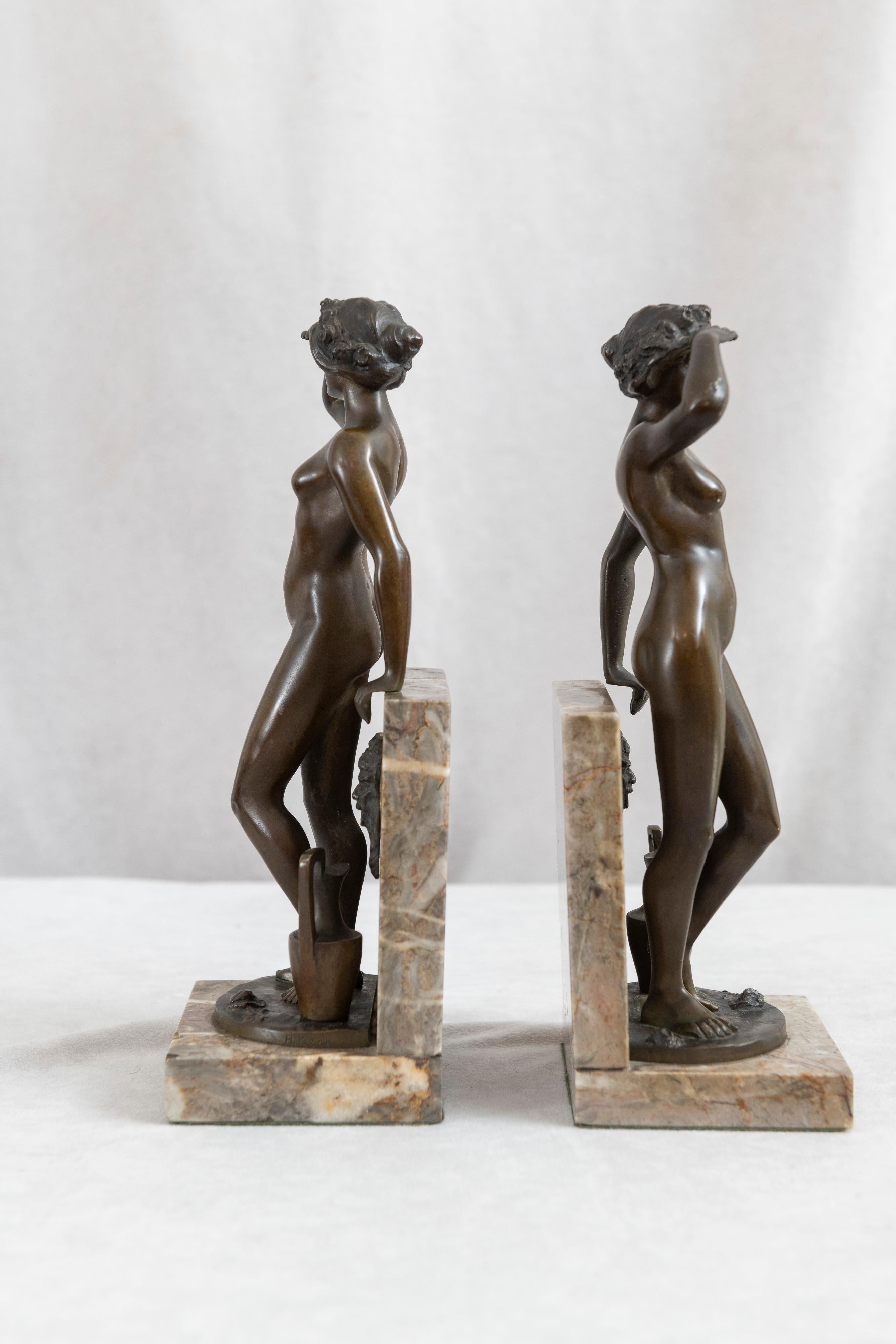 Antique Art Deco/Nouveau Pair of German Bronze & Marble Bookends, Signed 4