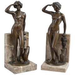 Antique Art Deco/Nouveau Pair of German Bronze & Marble Bookends, Signed