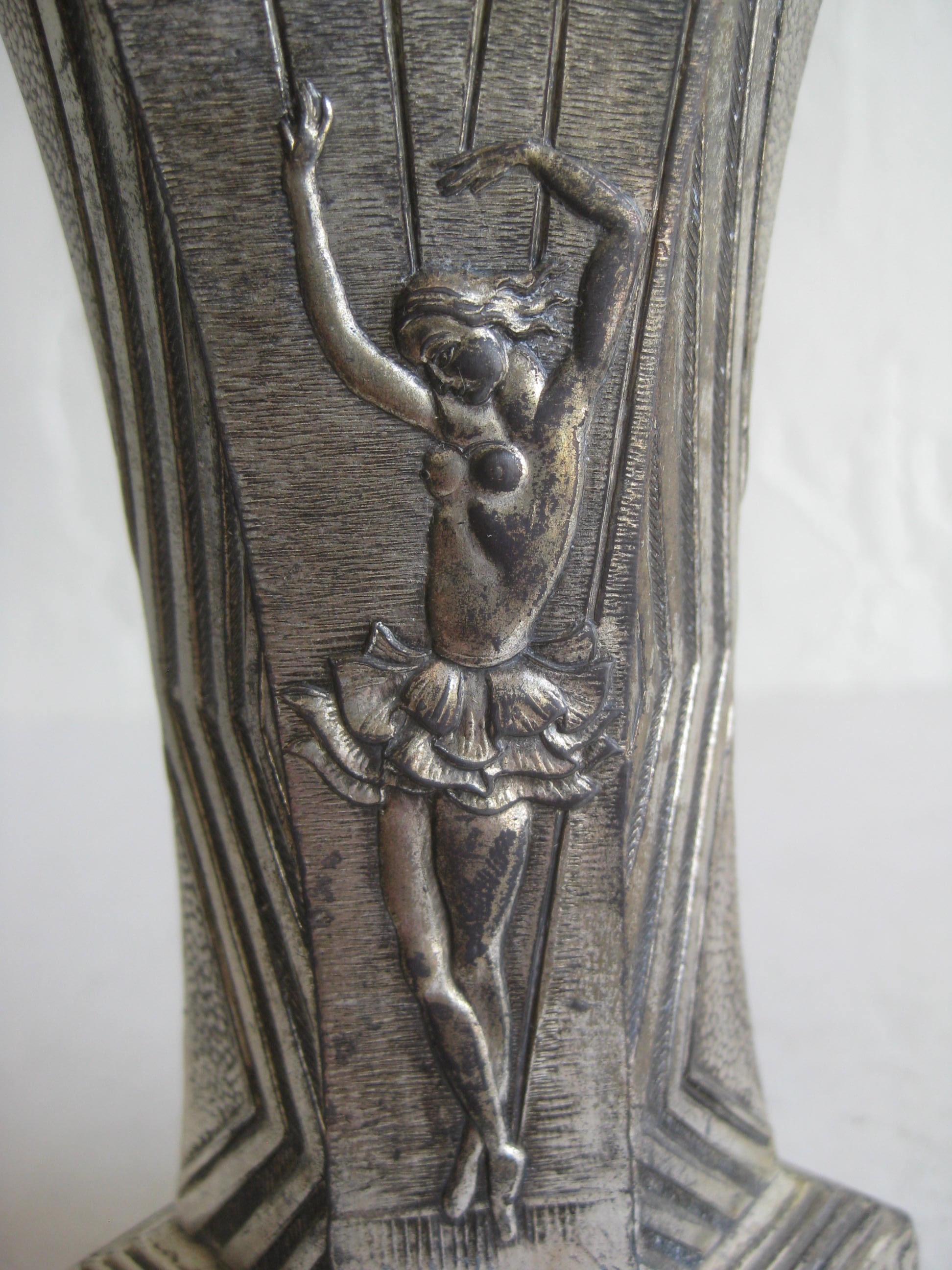 Antique Art Deco Nude Dancer Ballerina Figural Fan Shaped Greek Key Metal Vase For Sale 3