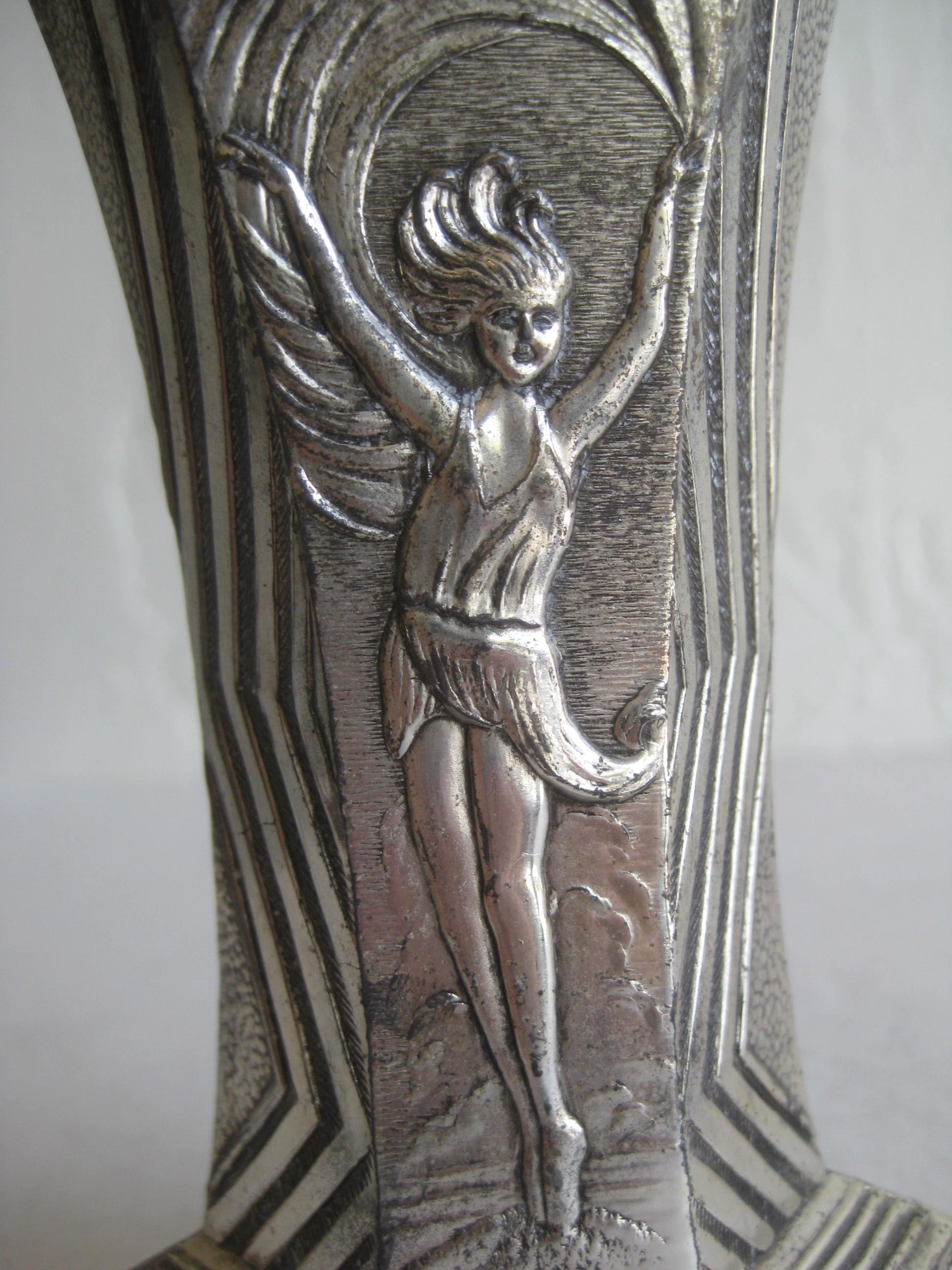 Antique Art Deco Nude Dancer Ballerina Figural Fan Shaped Greek Key Metal Vase For Sale 5