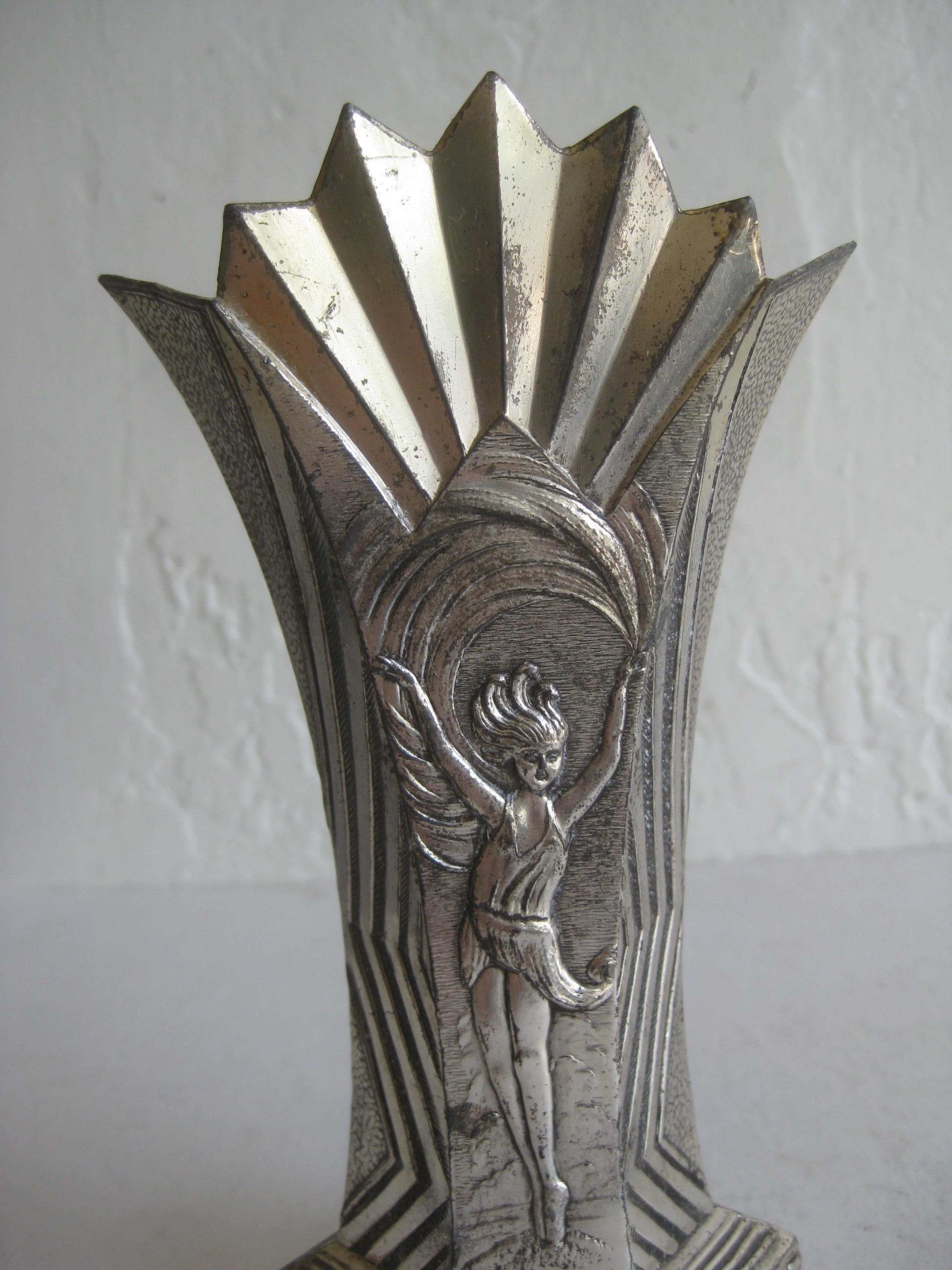 Great antique Art Deco fan shaped figural white metal vase. Great design and detail. Greek key design on the bottom edge. Made in Japan and is marked on the bottom. In very nice original condition with patina expected from age. Measures approx. 6
