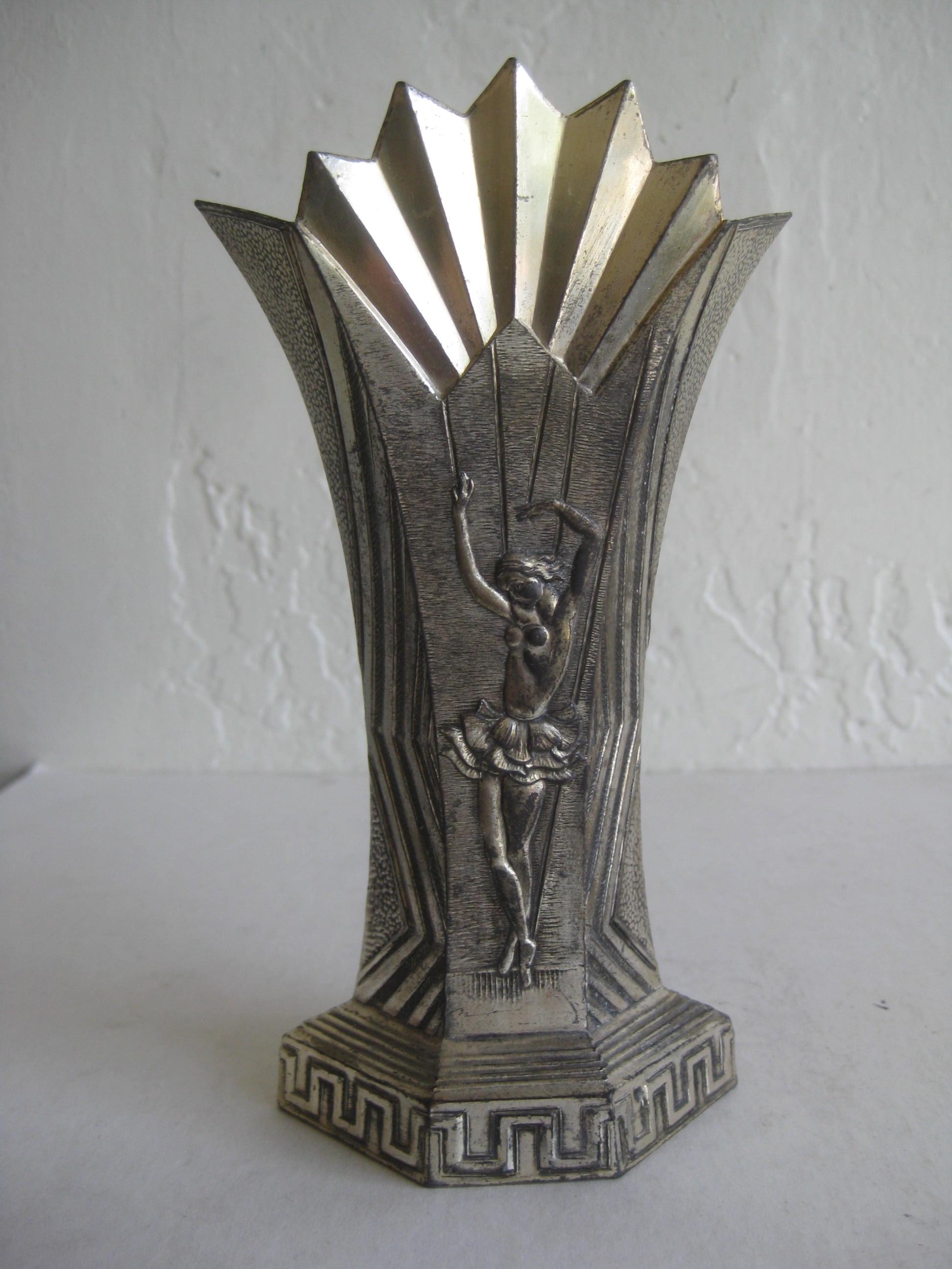 20th Century Antique Art Deco Nude Dancer Ballerina Figural Fan Shaped Greek Key Metal Vase For Sale