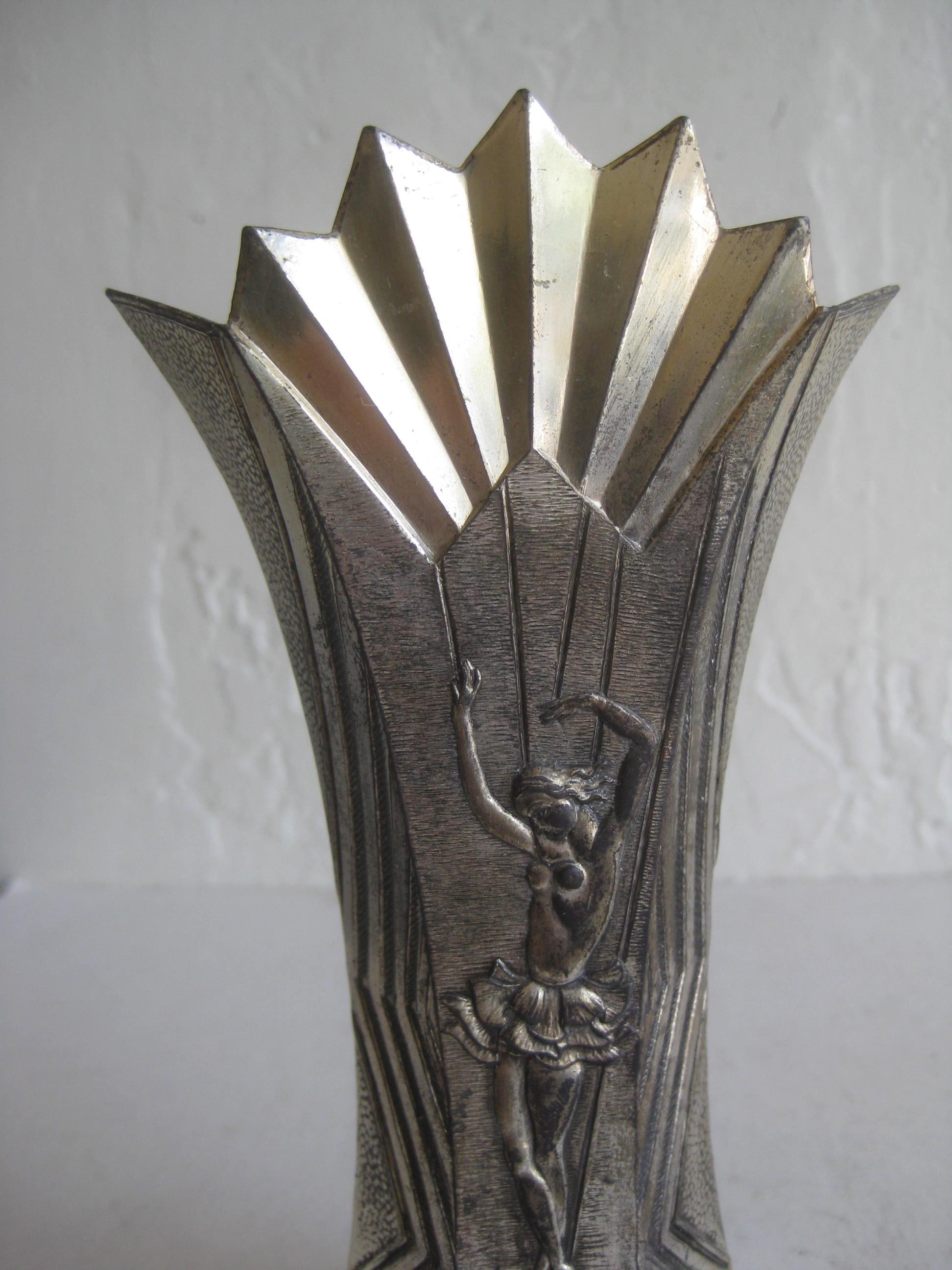 Antique Art Deco Nude Dancer Ballerina Figural Fan Shaped Greek Key Metal Vase For Sale 1