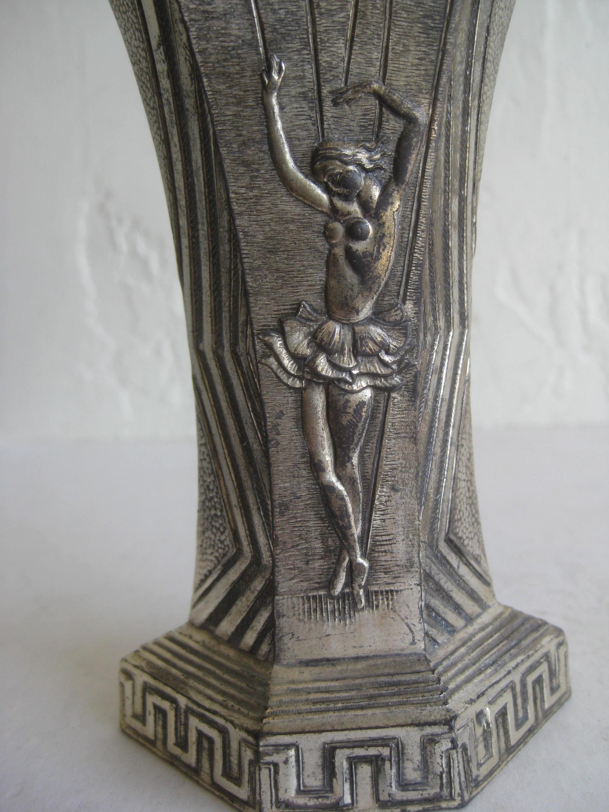 Antique Art Deco Nude Dancer Ballerina Figural Fan Shaped Greek Key Metal Vase For Sale 2