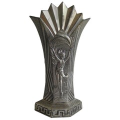 Antique Art Deco Nude Dancer Ballerina Figural Fan Shaped Greek Key Metal Vase