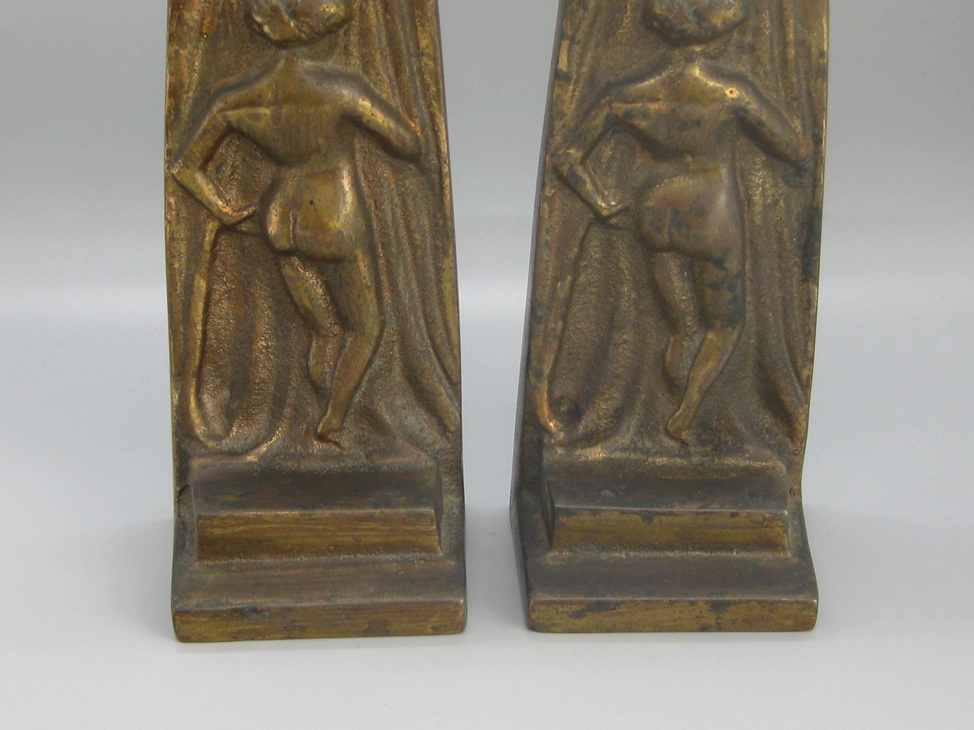 Antique Art Deco Nude Lady Woman Figural Cast Brass Bookends Hubley Era In Good Condition For Sale In San Diego, CA