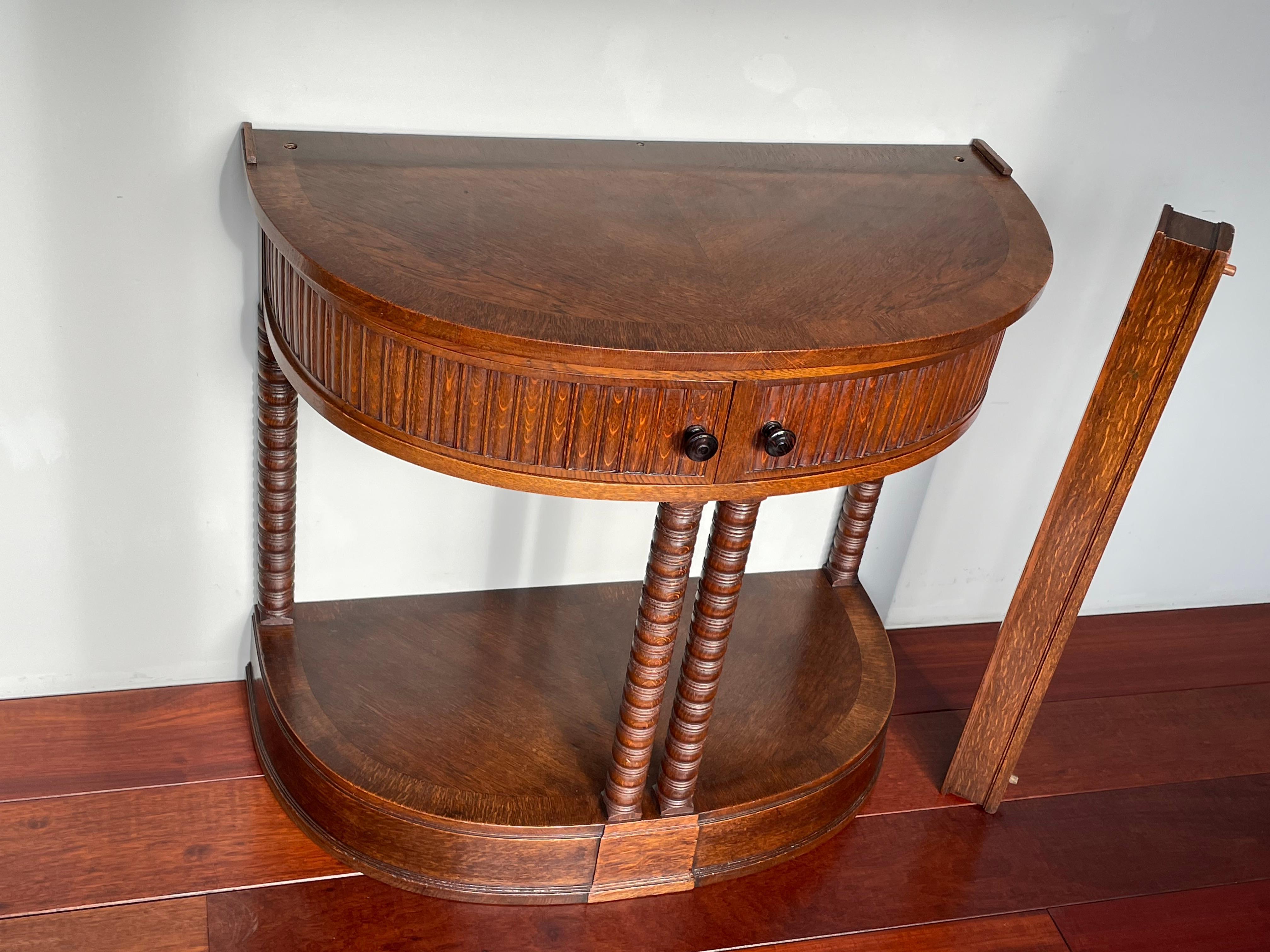 Antique Art Deco Oak Side / Console Table with Rounded Drawers and Great Patina For Sale 8