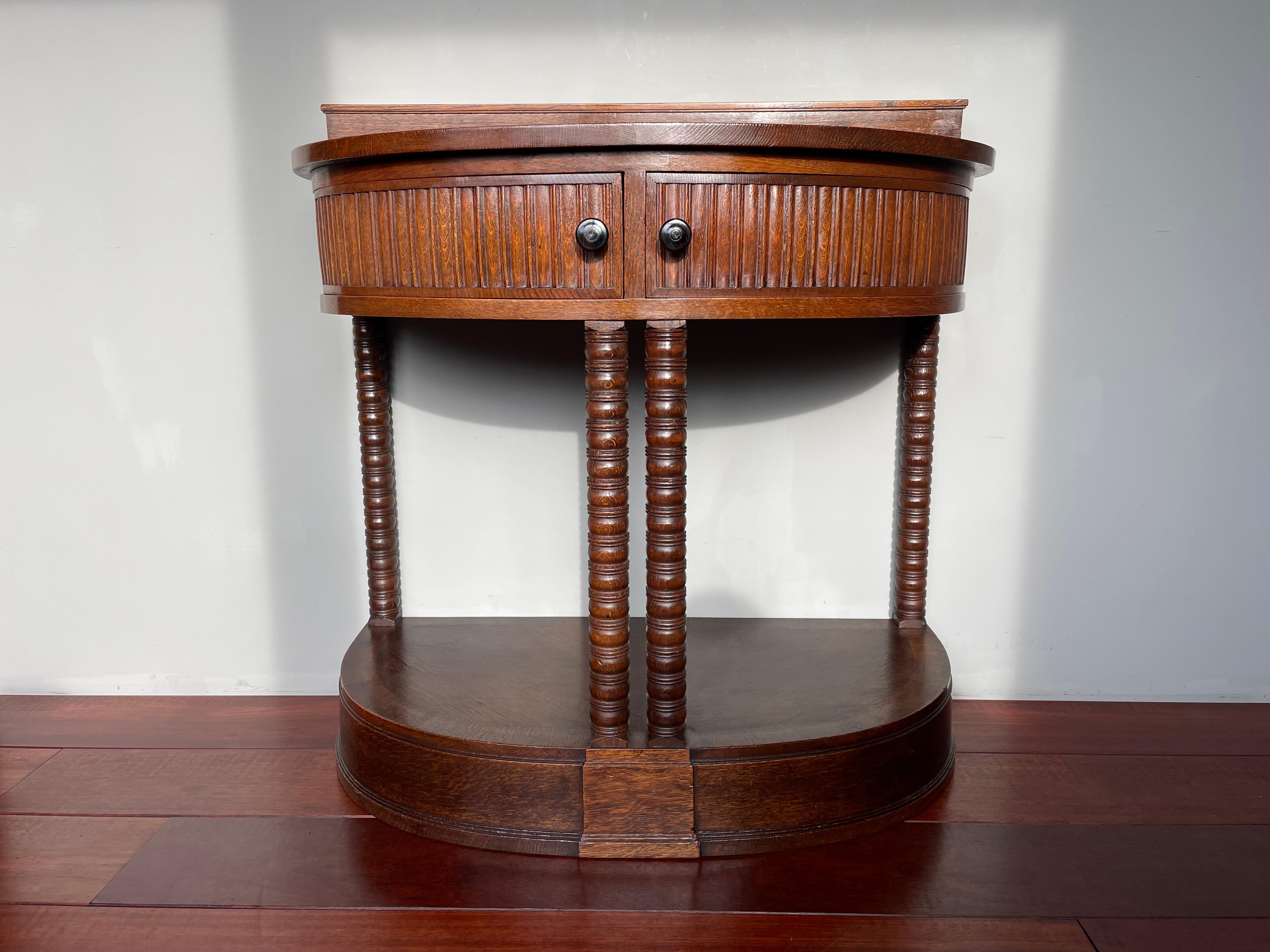 Dutch Antique Art Deco Oak Side / Console Table with Rounded Drawers and Great Patina For Sale