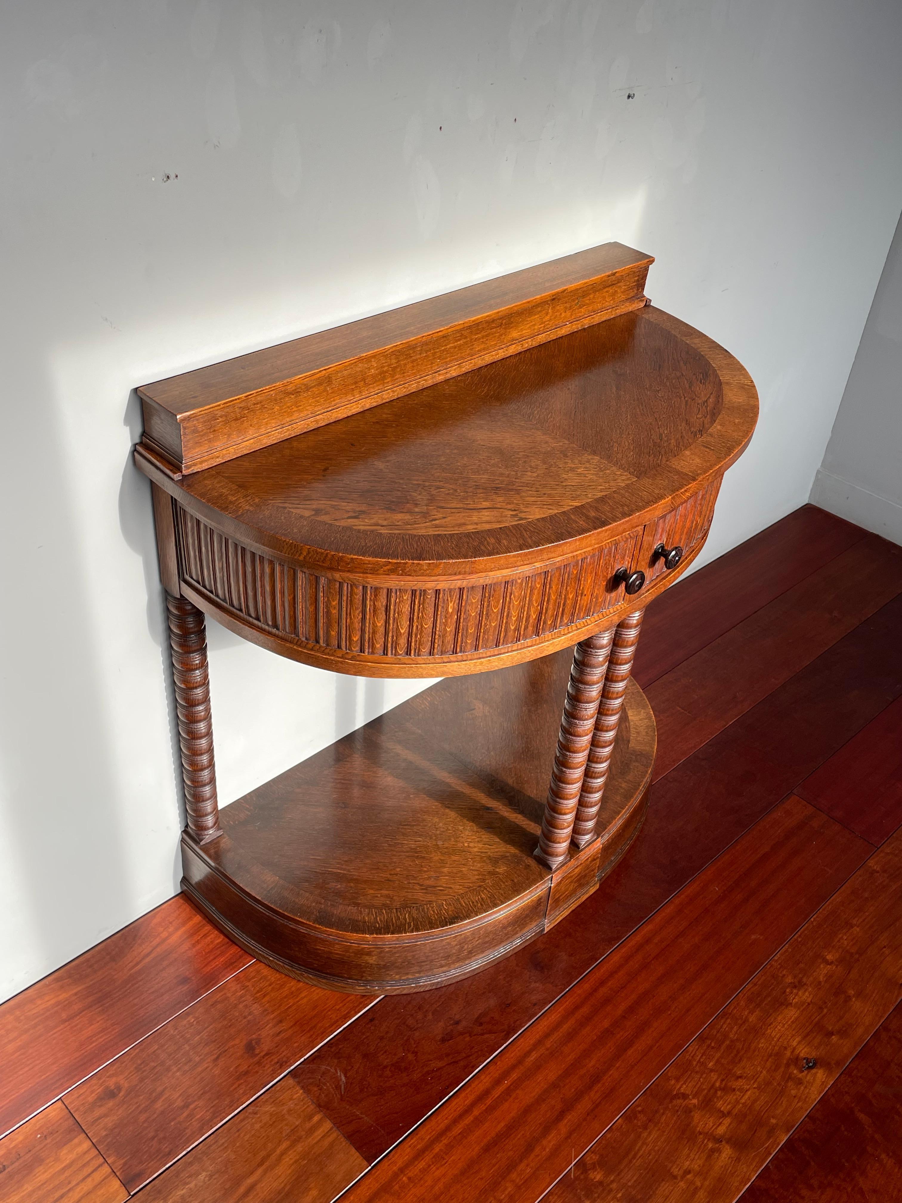 Wood Antique Art Deco Oak Side / Console Table with Rounded Drawers and Great Patina For Sale