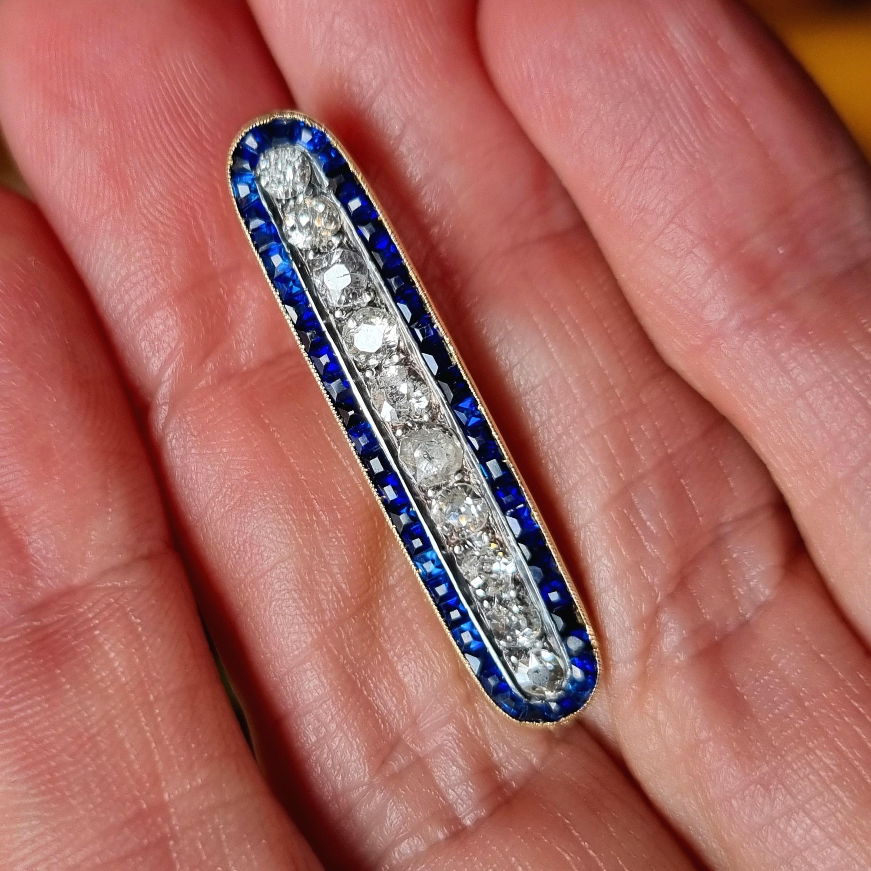 Antique Art Deco Old Cut Diamond and Blue Sapphire Bar Brooch 'Early 20th C' 5