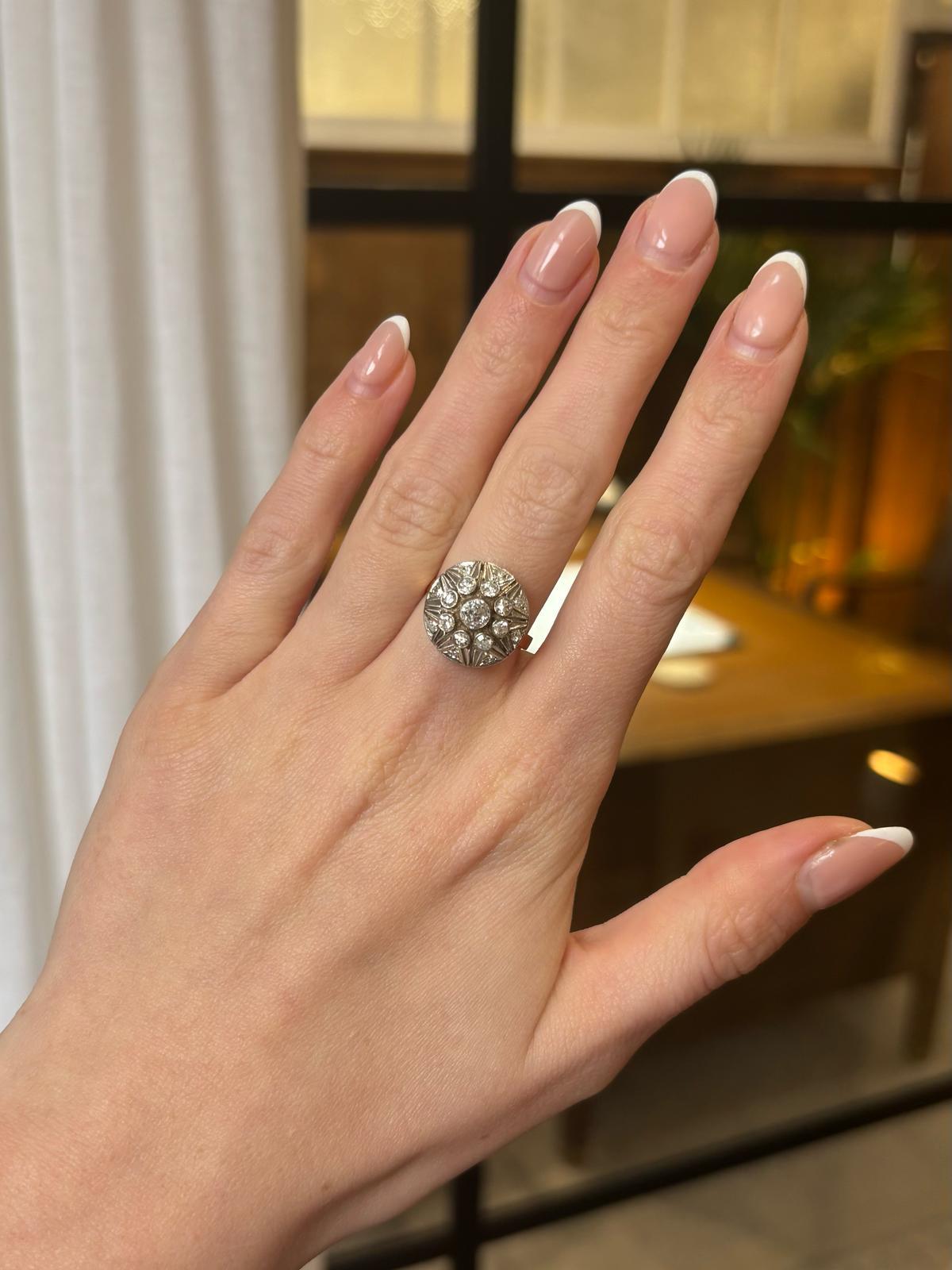 Bague Art déco ancienne grappe de diamants taille ancienne en or rose 18 carats et platine en vente 6