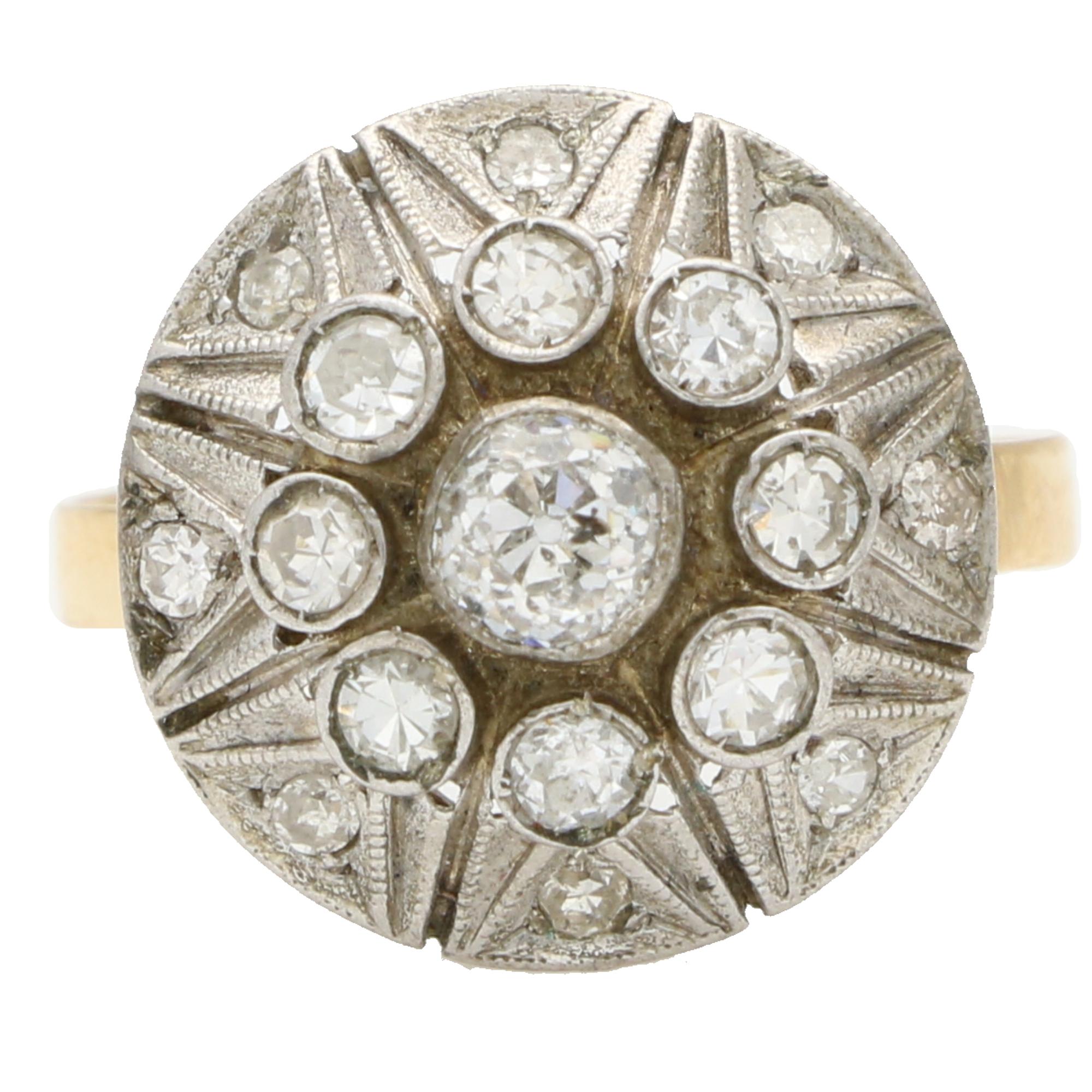 Bague Art déco ancienne grappe de diamants taille ancienne en or rose 18 carats et platine Unisexe en vente