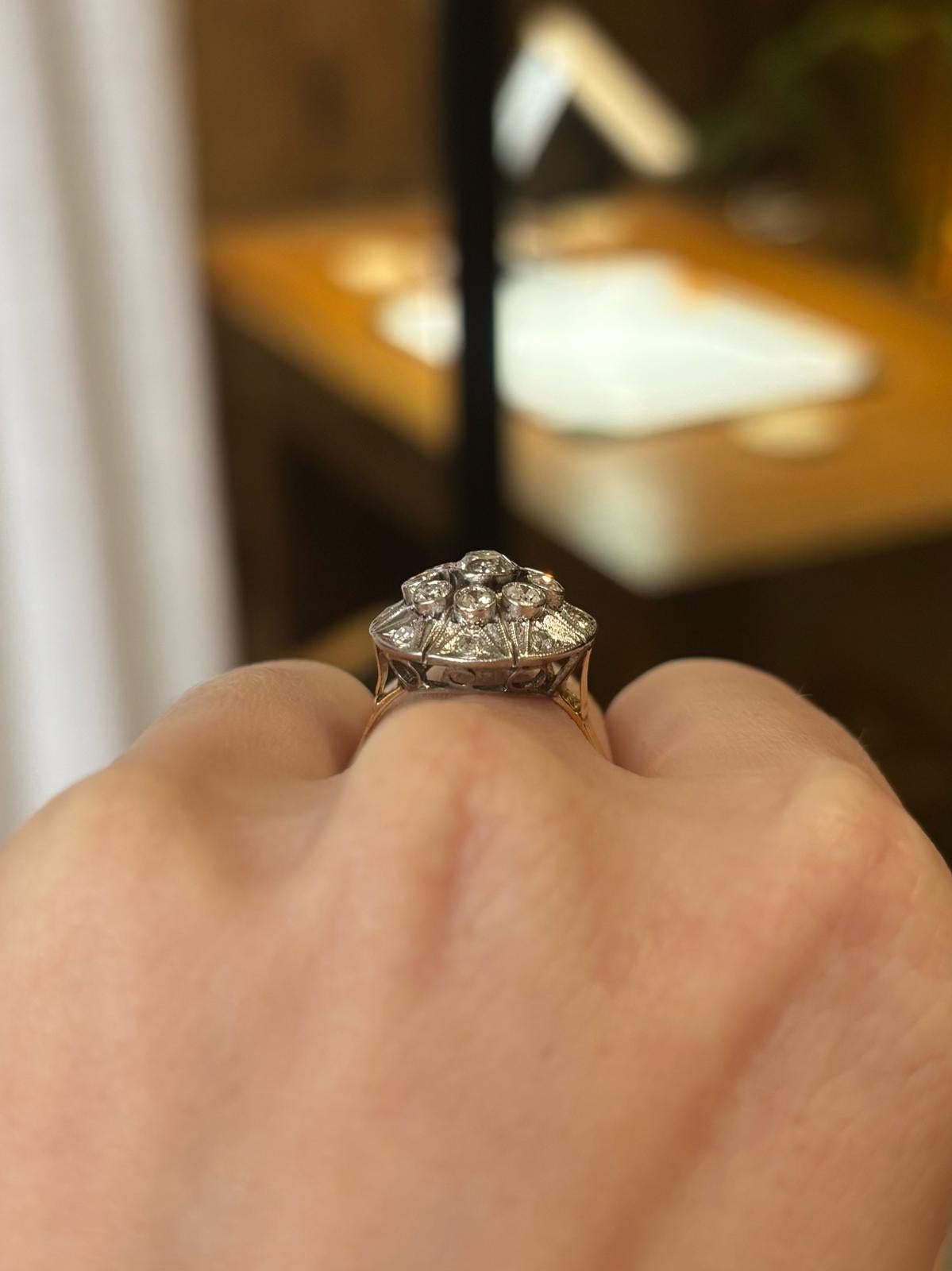 Bague Art déco ancienne grappe de diamants taille ancienne en or rose 18 carats et platine en vente 4