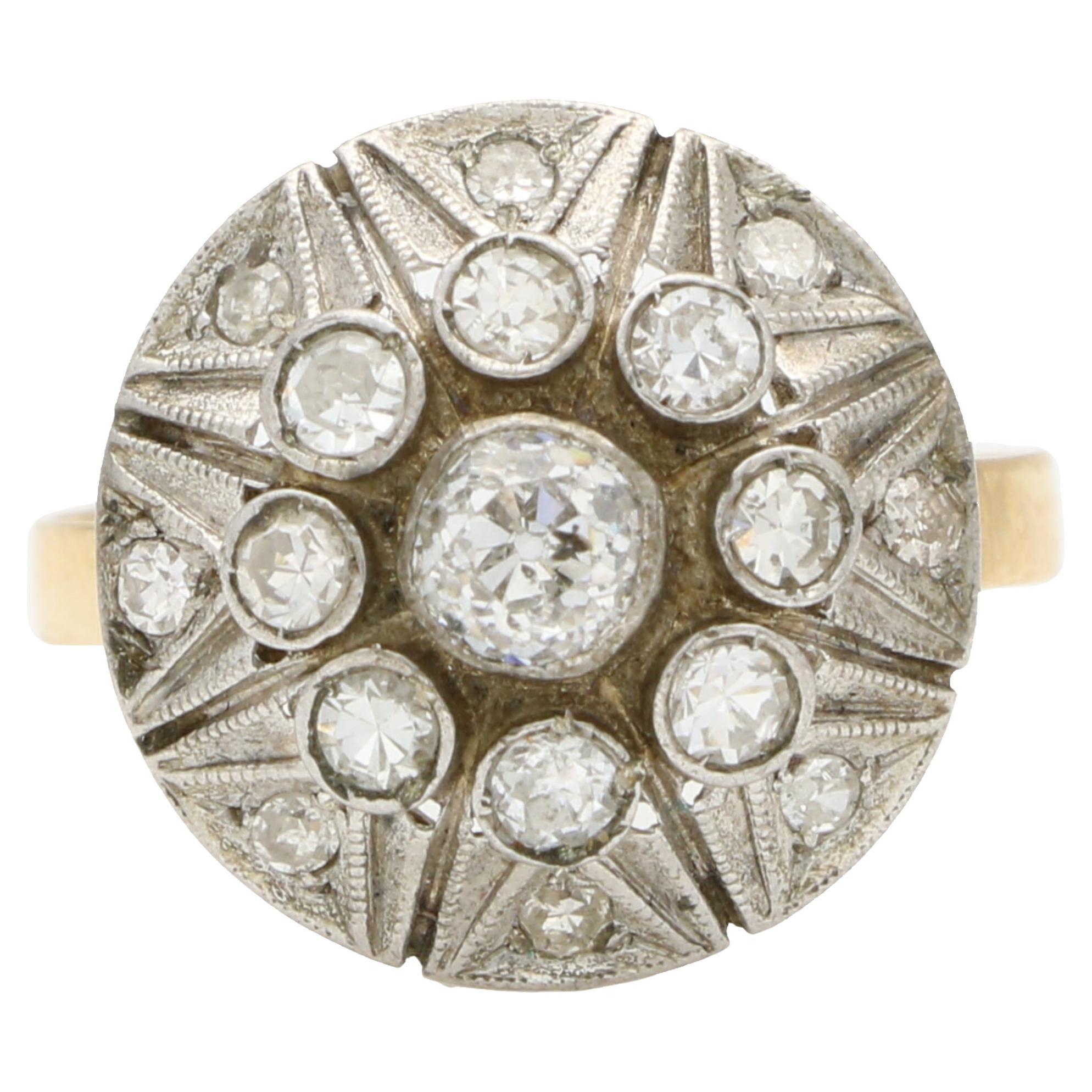 Antique Art Deco Old Cut Diamond Cluster Ring in 18k Rose Gold and Platinum