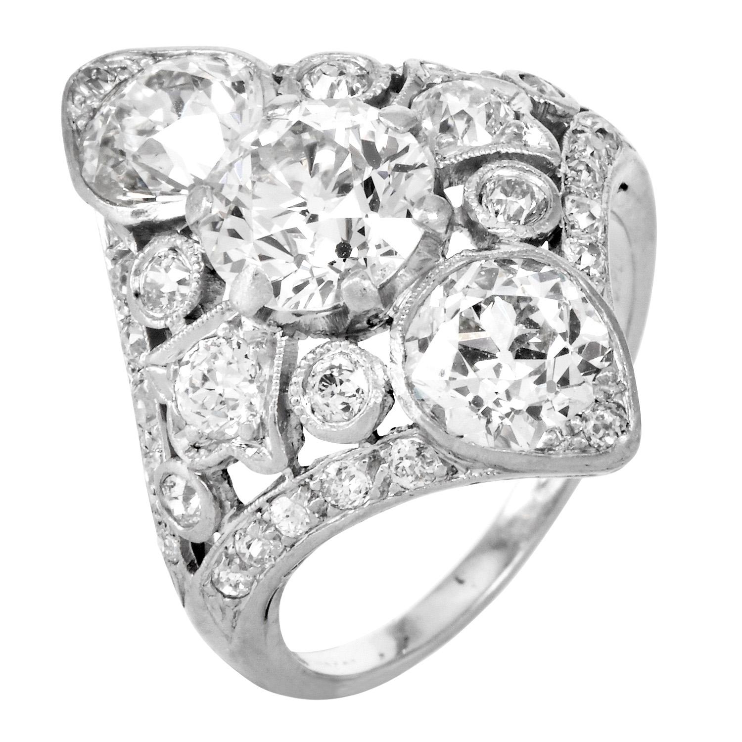 ANTICO Anello Navette in platino con diamante da 3,35 carati, in stile Art Deco Old European Cut in vendita 1