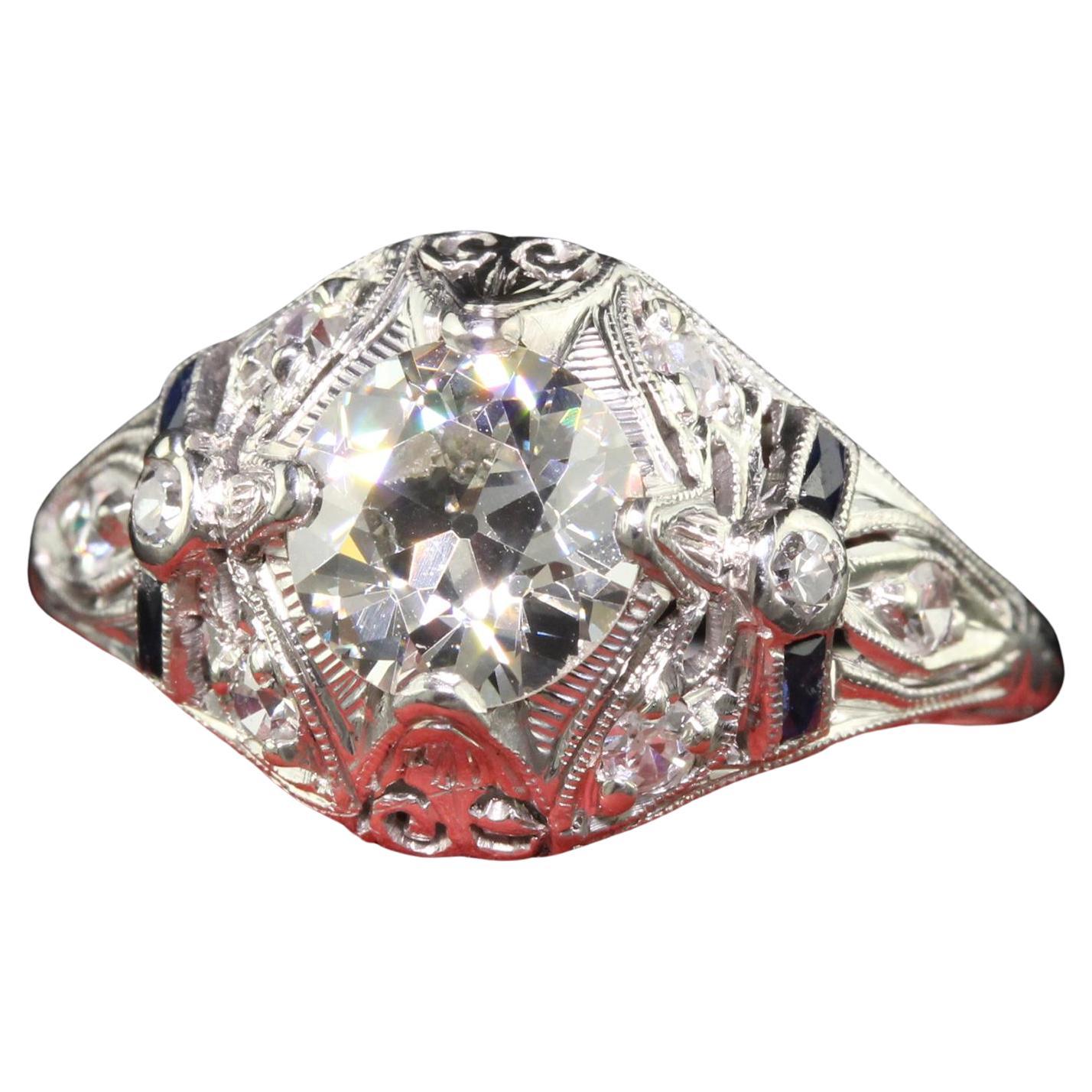 Antique Art Deco Old European Cut Diamond Filigree Floral Engagement Ring - GIA