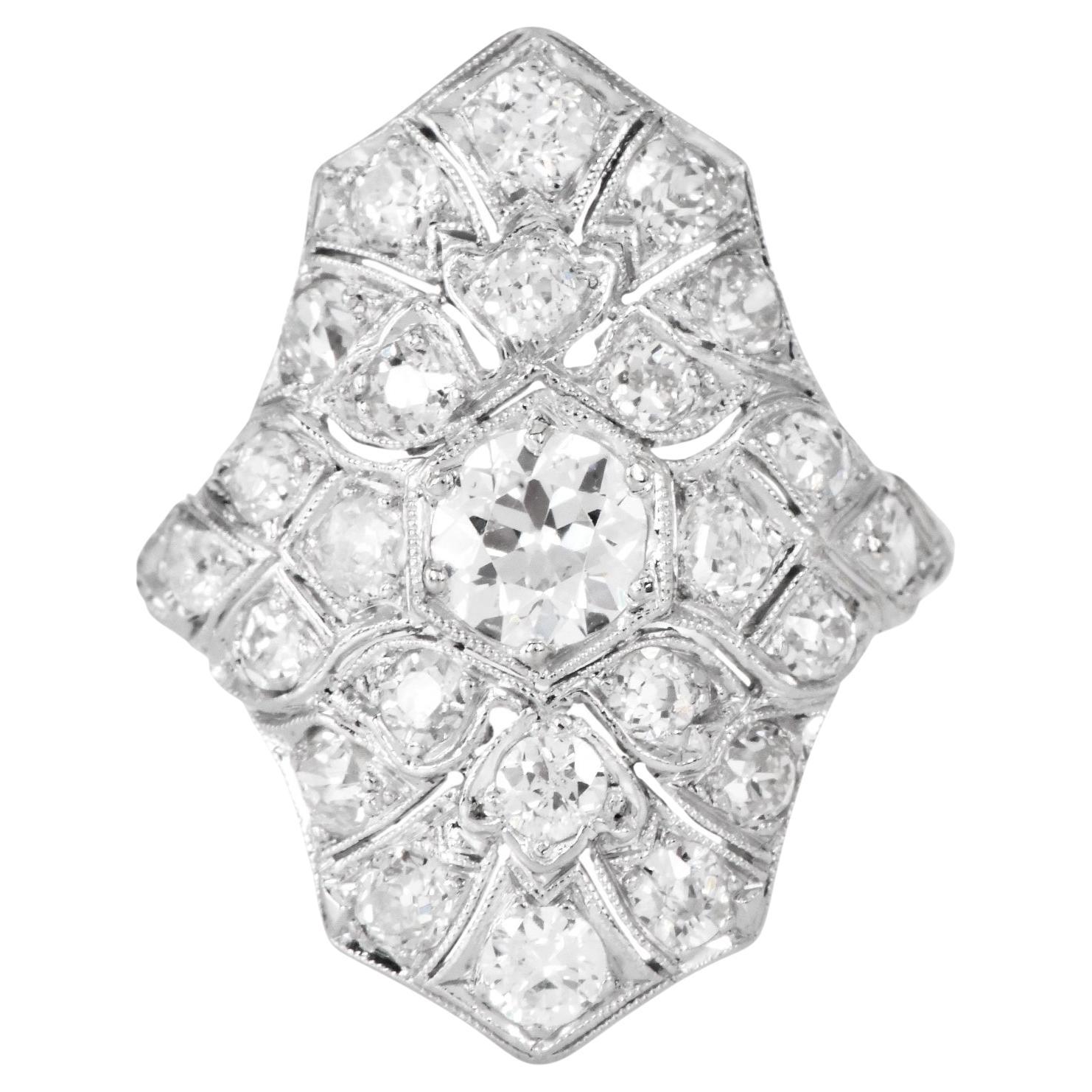 Antique Art Deco Old European Cut Diamond Platinum Fligree Ring