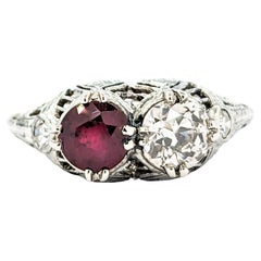 Antique Art Deco Old European Cut Diamond & Ruby Filigree Ring in White Gold