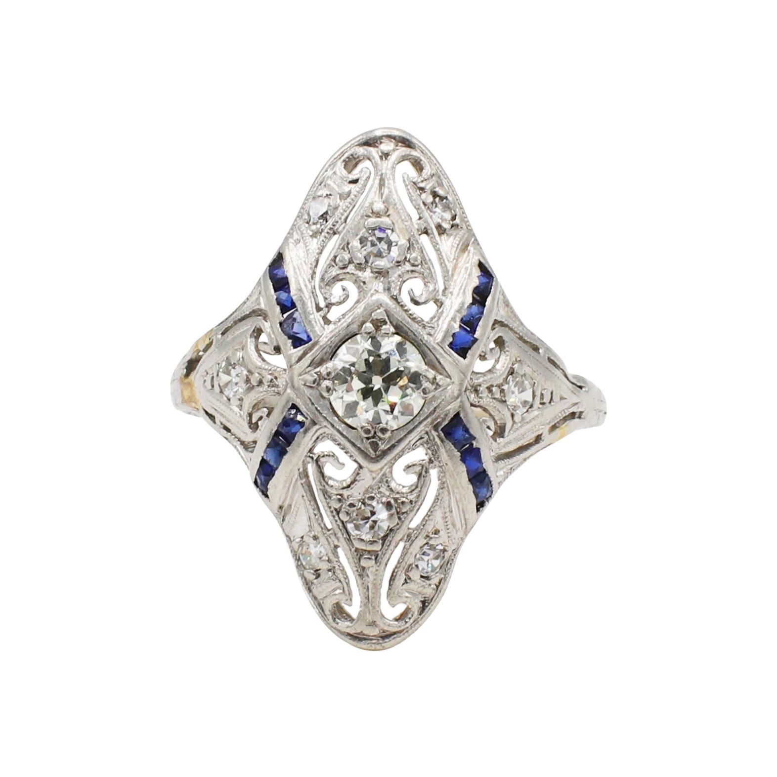 Antique Art Deco Old European Cut Diamond & Sapphire Filigree Navette Ring