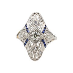 Antique Art Deco Old European Cut Diamond 
Sapphire Filigree Navette Ring