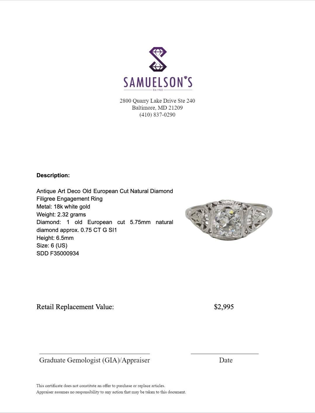 De las mujeres Antiguo Anillo de Compromiso Art Decó con Filigrana de Diamantes Naturales de Corte Europeo en venta