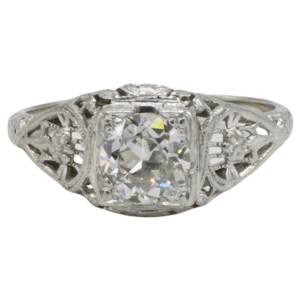 Antiguo Anillo de Compromiso Art Decó con Filigrana de Diamantes Naturales de Corte Europeo