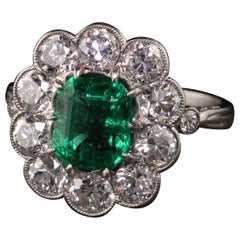 Vintage Art Deco Style Old European Diamond and Emerald Engagement Ring