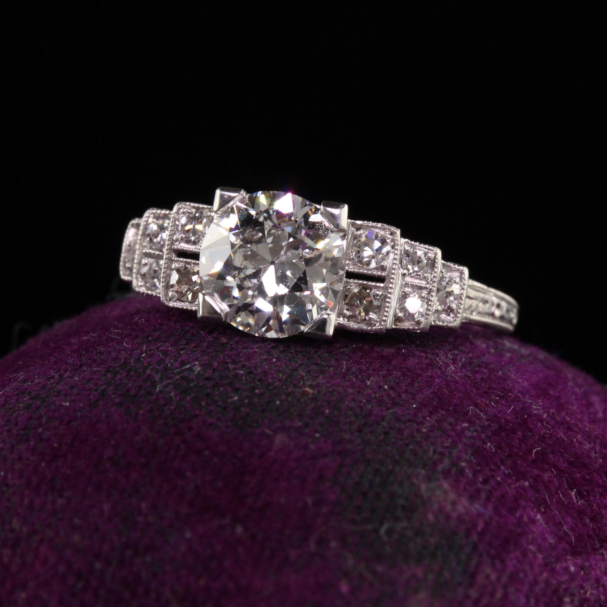 Beautiful Antique Art Deco Old European Diamond Filigree Engagement Ring - GIA. This incredible engagement ring is crafted in platinum. The center holds a GIA certified diamond and is set in an amazing Art Deco mounting with gorgeous filigree work.