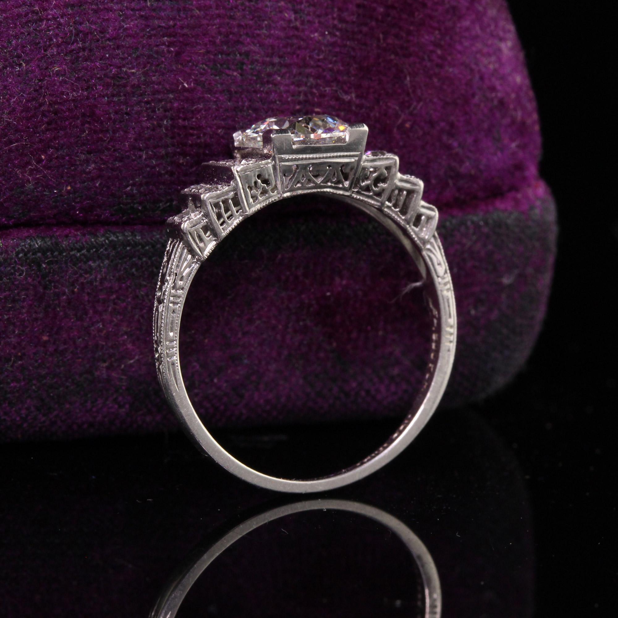 Antique Art Deco Old European Diamond Filigree Engagement Ring, GIA In Good Condition In Great Neck, NY