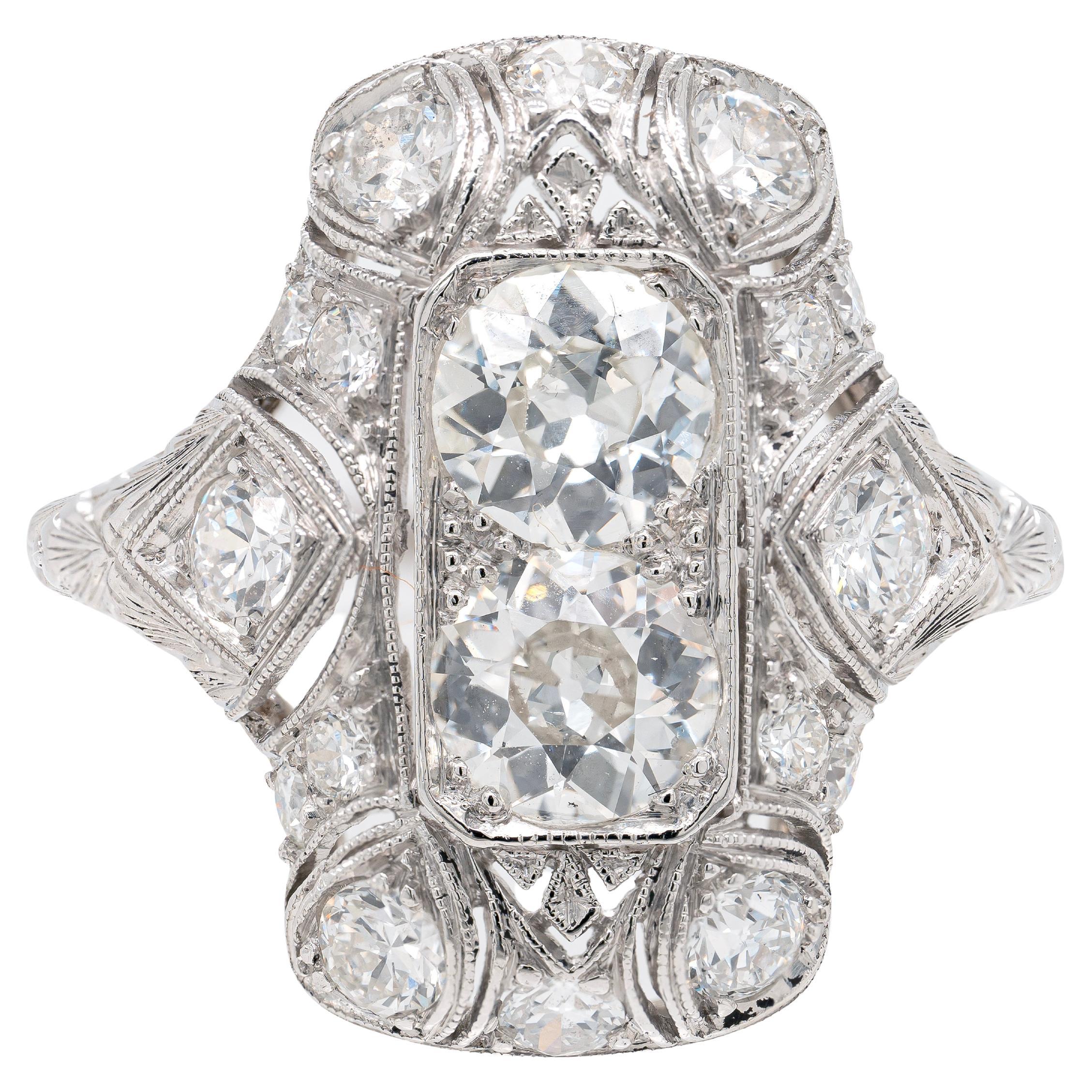 Antique Art Deco Old Mine Cut Diamond Vertical Platinum Dress Ring, C.1920's For Sale