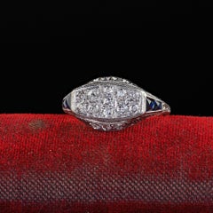 Antique Art Deco Old Mine Diamond and Sapphire Filigree Saddle Ring