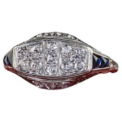 Antique Art Deco Old Mine Diamond and Sapphire Filigree Saddle Ring