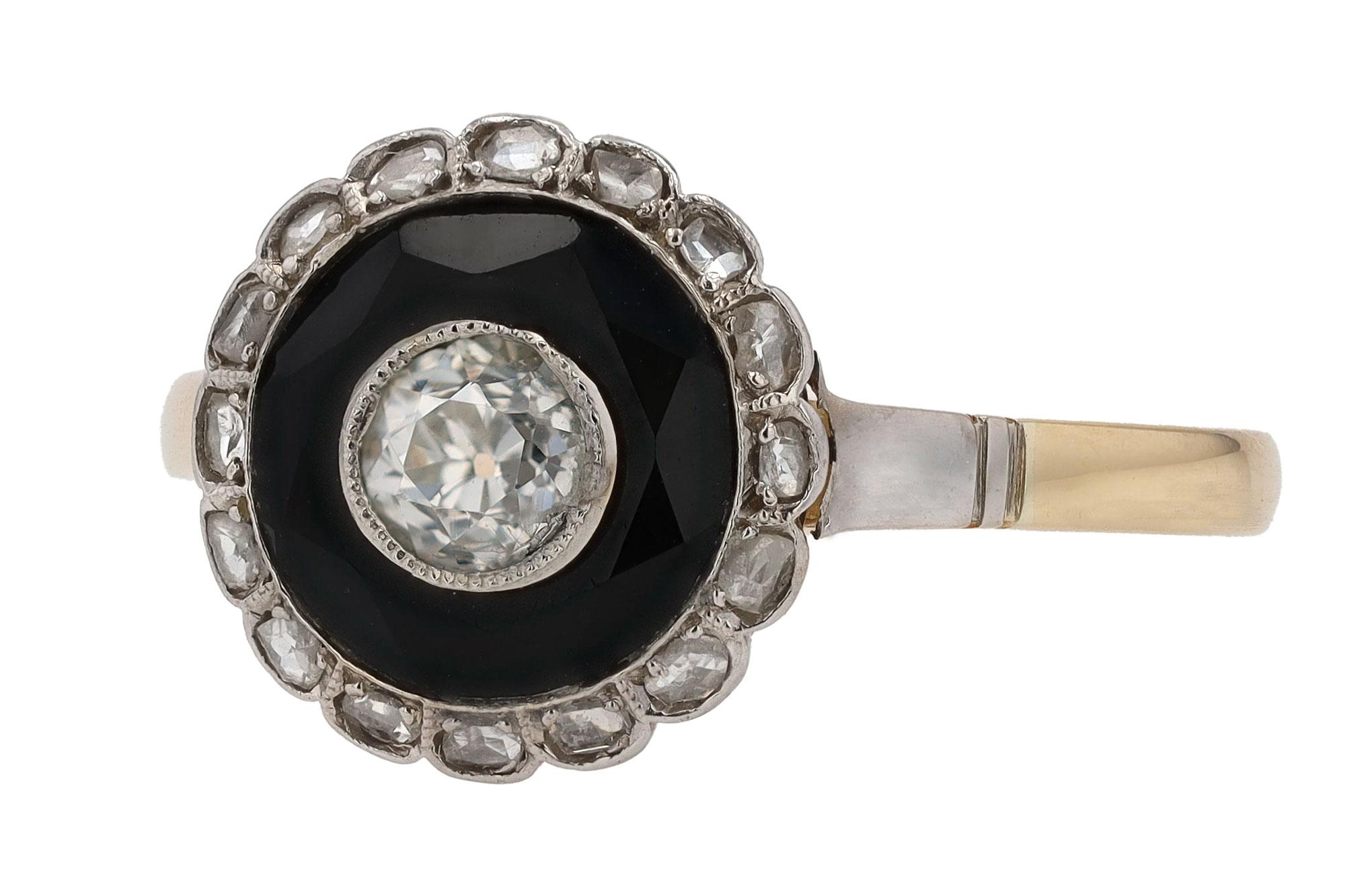 Old Mine Cut Antique Art Deco Old Mine Diamond & Onyx Target Engagement Ring For Sale