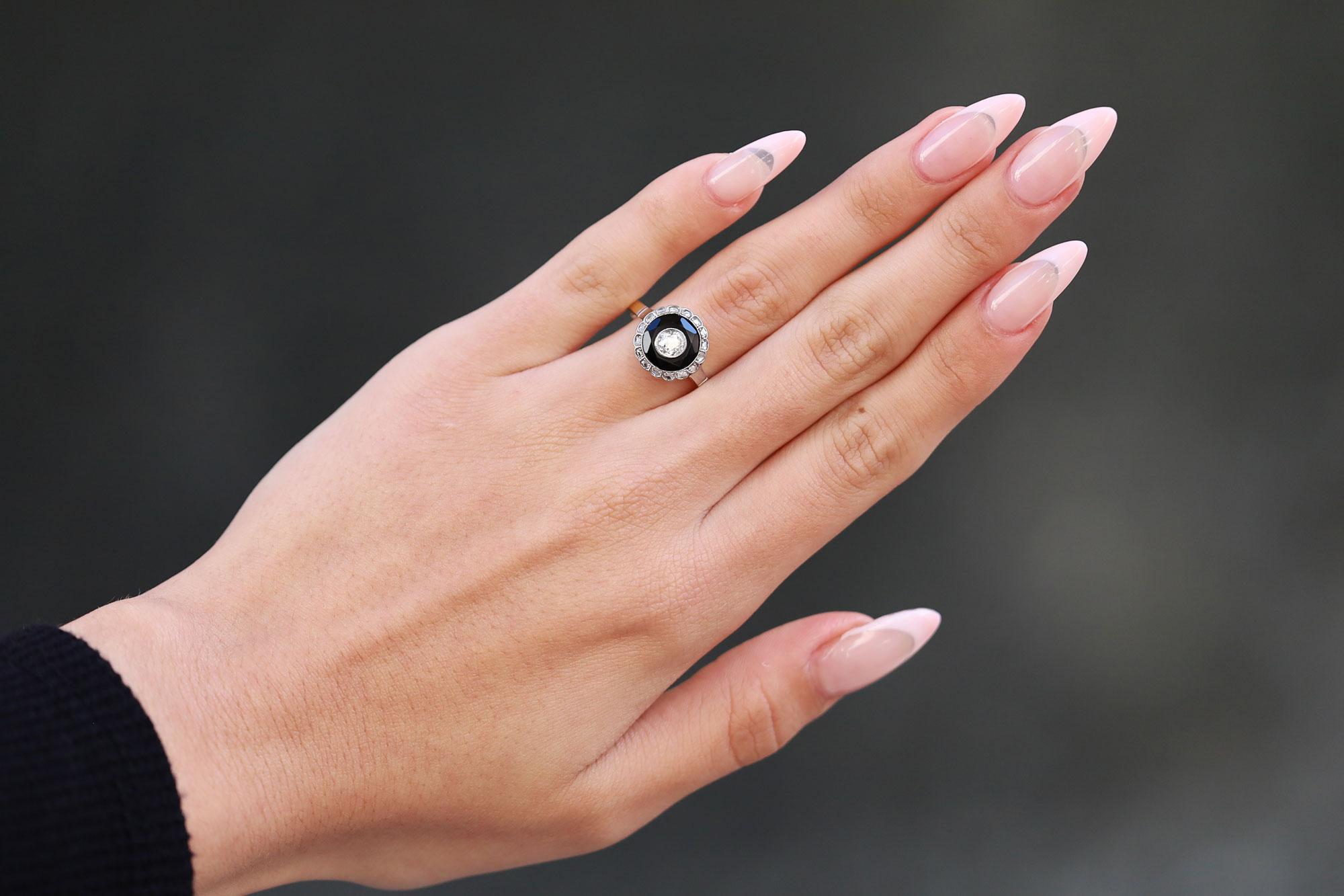 Antique Art Deco Old Mine Diamond & Onyx Target Engagement Ring In Good Condition For Sale In Santa Barbara, CA