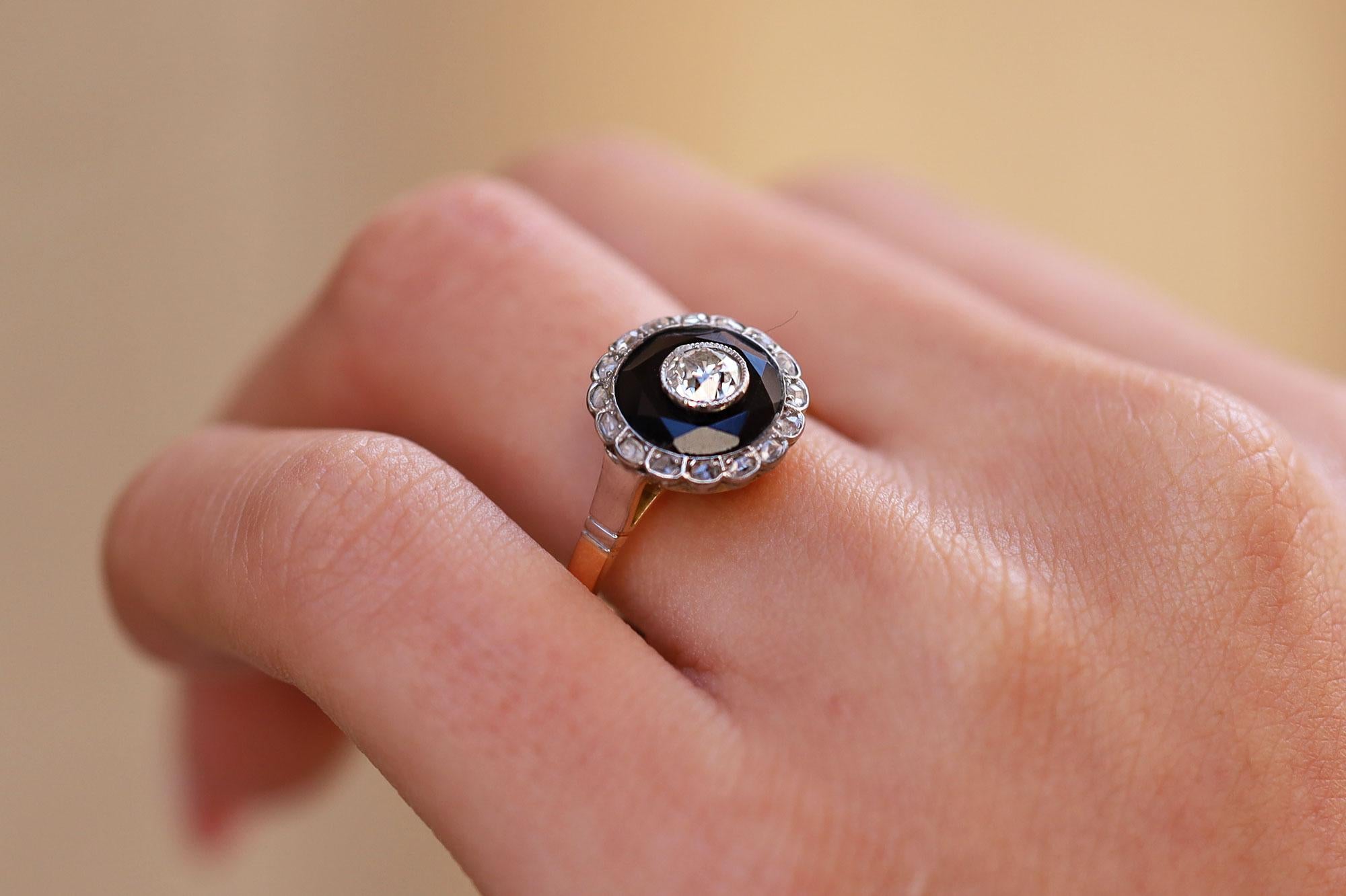 Women's or Men's Antique Art Deco Old Mine Diamond & Onyx Target Engagement Ring For Sale