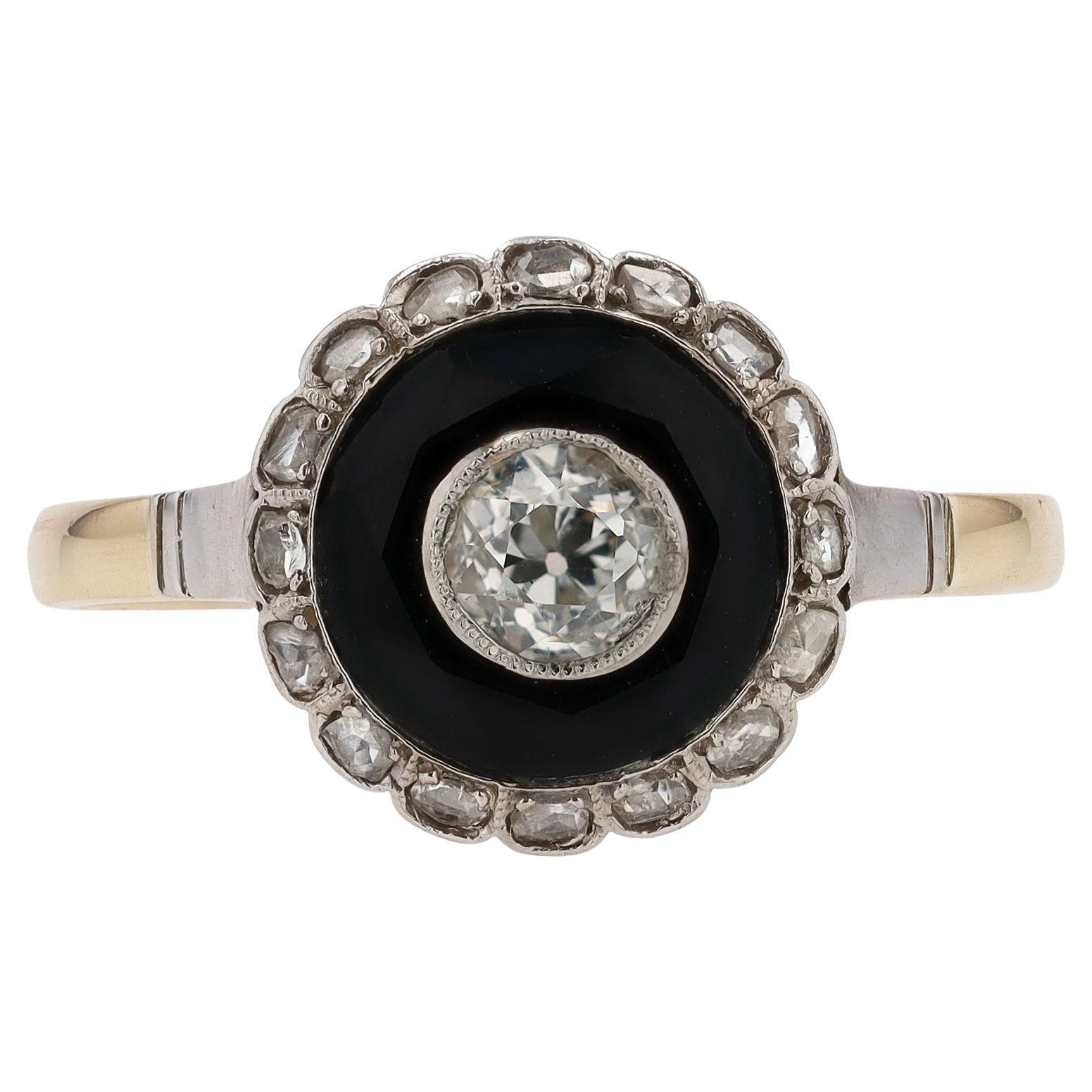 Antique Art Deco Old Mine Diamond & Onyx Target Engagement Ring For Sale