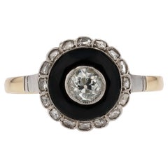 Antique Art Deco Old Mine Diamond & Onyx Target Engagement Ring