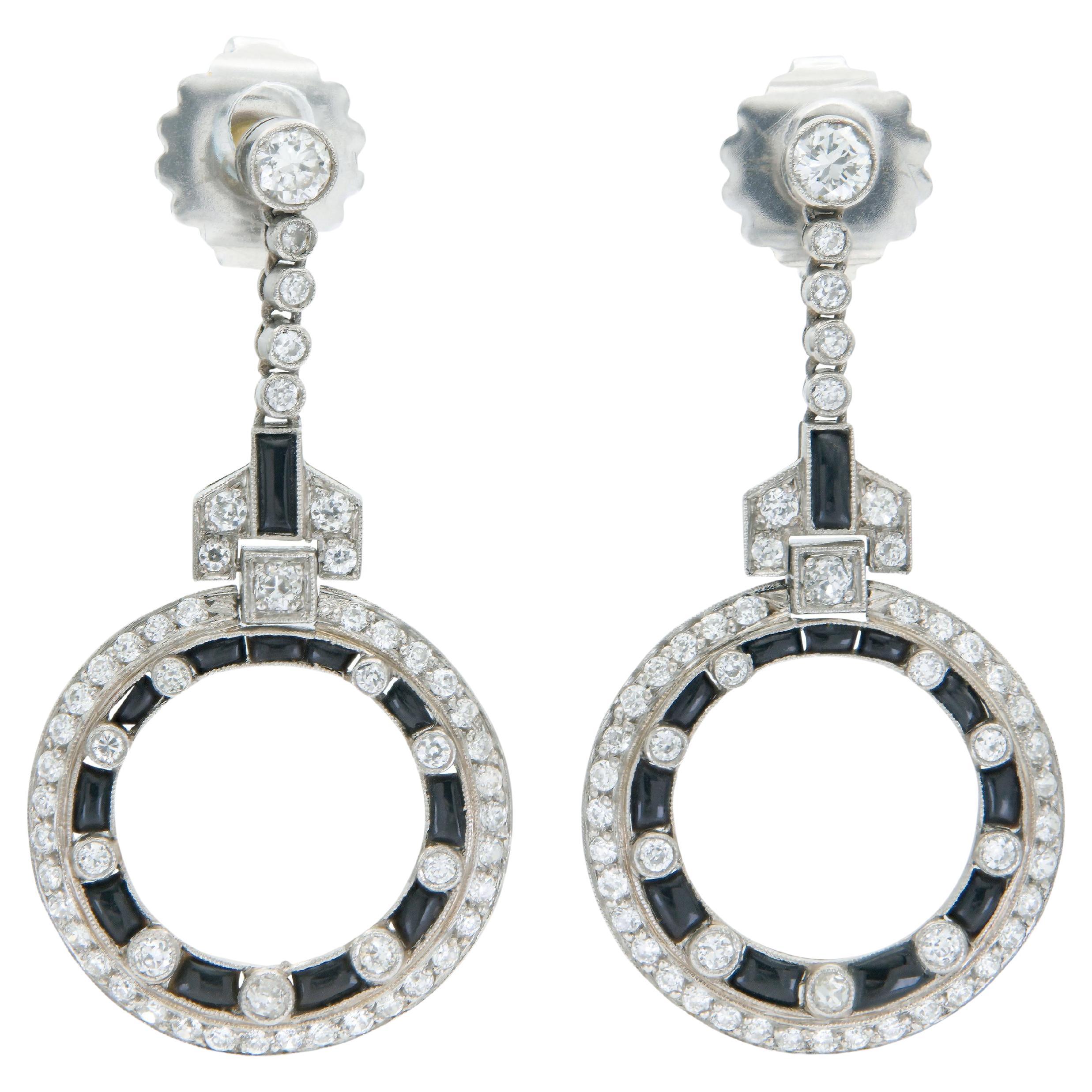 Antique Art Deco Onyx and Diamond Circle Dangle Earrings